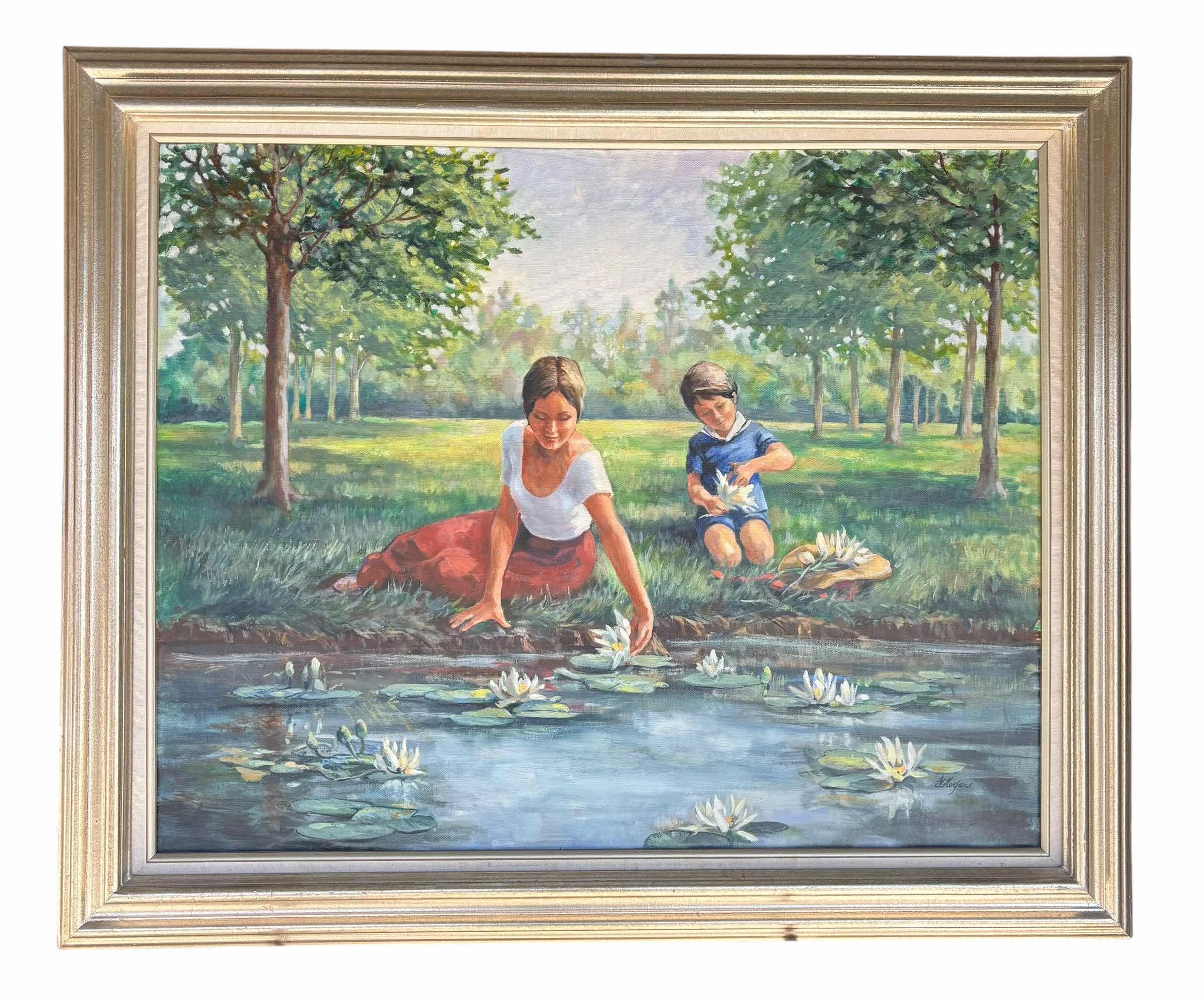 Photo 1 of FRAMED LANDSCAPE PAINTING DEPICTING CHILDREN BY LILY POND IN A PARK SETTING BY HOEFER 31” X 36”