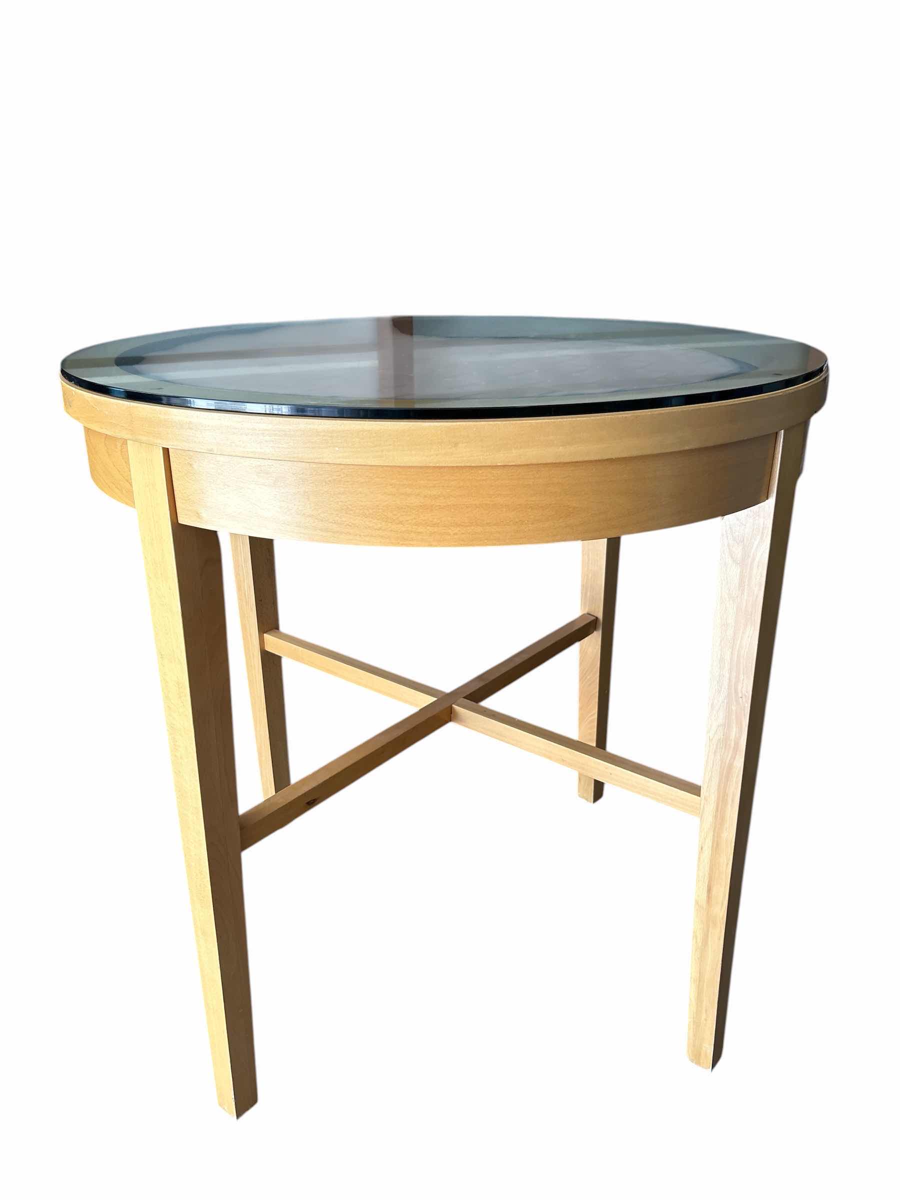 Photo 1 of VINTAGE LIGHT WOOD CIRCULAR TABLE W DARK BROWN WOVEN LEATHER GLASS TOP H36.5”