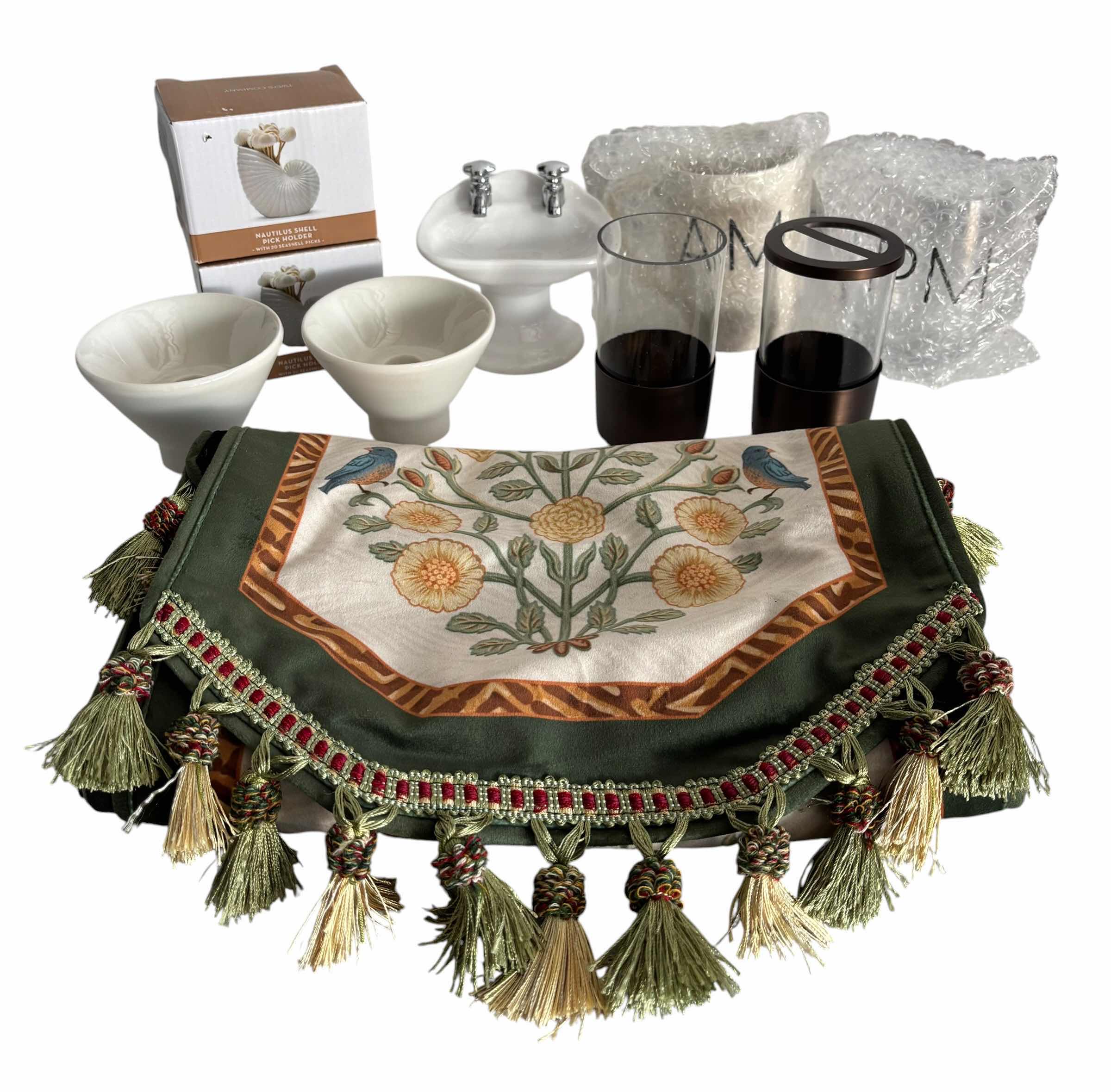 Photo 1 of BATHROOM DECOR, TABLE RUNNER WITH VELVET-LIKE BACKING, COFFEE CUP & WINE GLASS SET