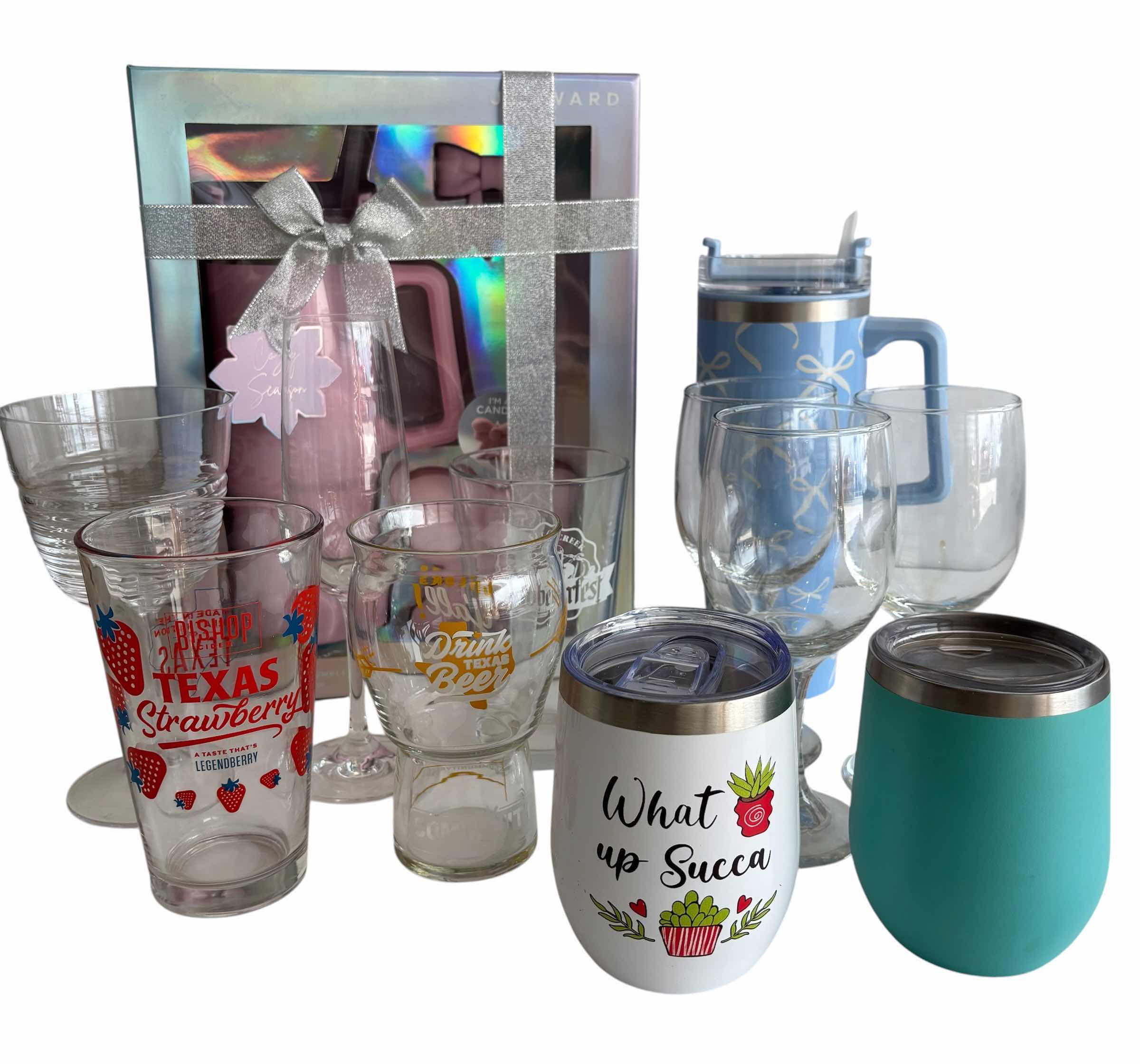 Photo 1 of INSULATED TUMBLERS (2), GLASSWARE (8) & METAL STEMLESS DRINK CUPS (2)