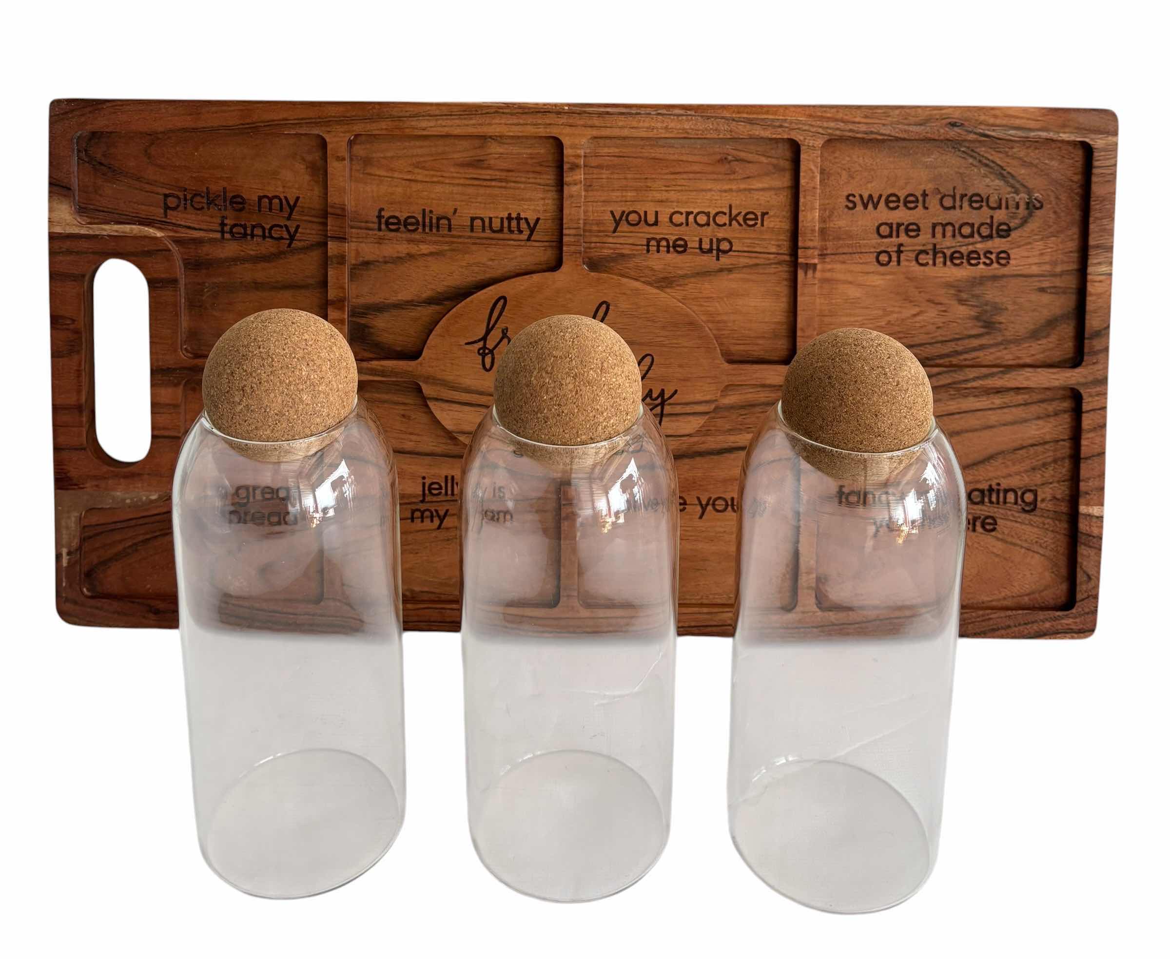 Photo 1 of CHARCUTERIE BOARD & GLASS BOTTLES WITH ROUND CORKS (3)