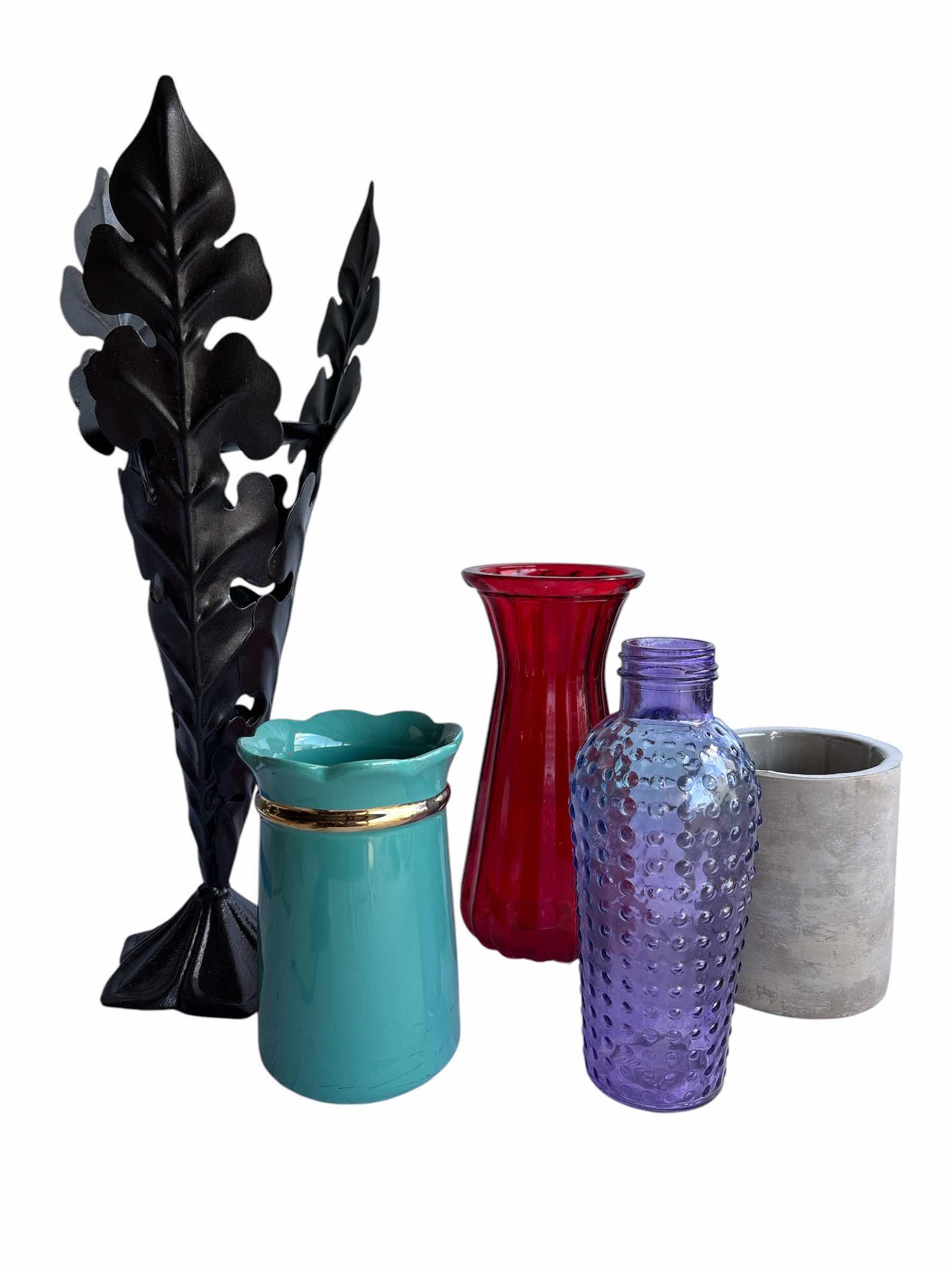 Photo 1 of (5)PCS TALL METAL CANDLE HOLDER & VASES PURPLE-TEEL-RED H17.25”