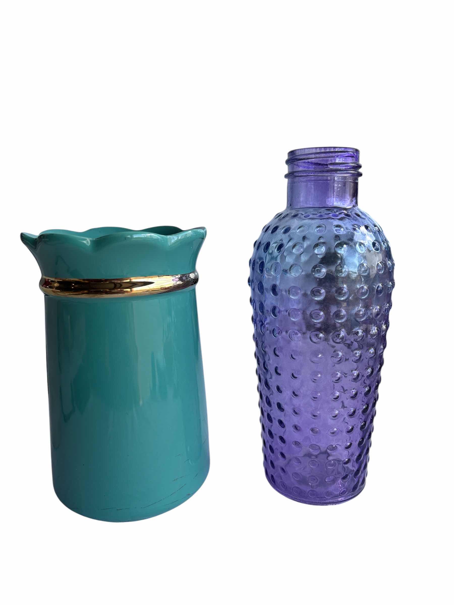 Photo 1 of (5)PCS TALL METAL CANDLE HOLDER & VASES PURPLE-TEEL-RED H17.25”