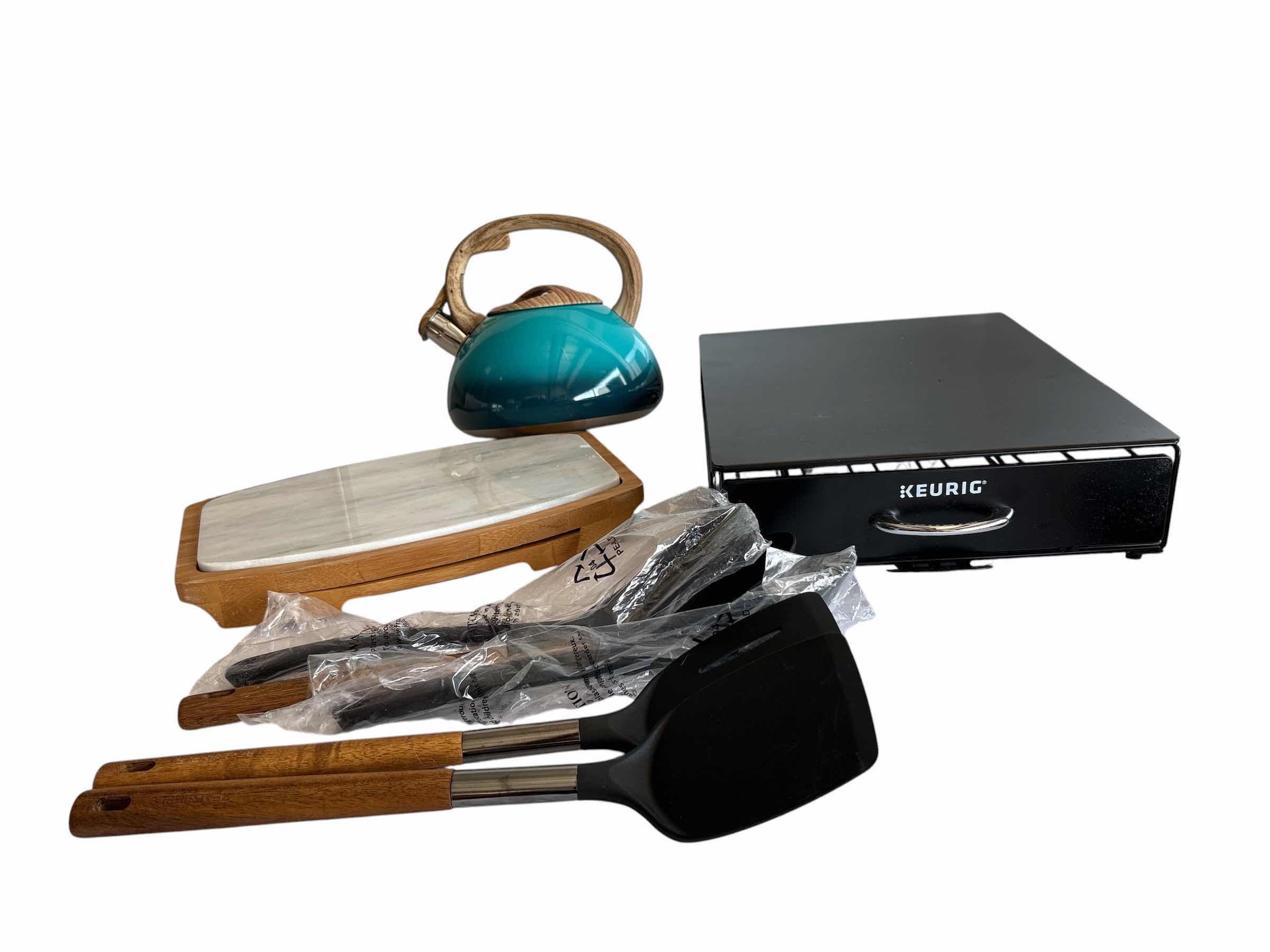 View 1 of (8)PCS KEURIG BLACK METAL UNDER COFFEE-TEA POD STORAGE DRAWER, MARBLE CHEESE BOARD, TEAPOT
