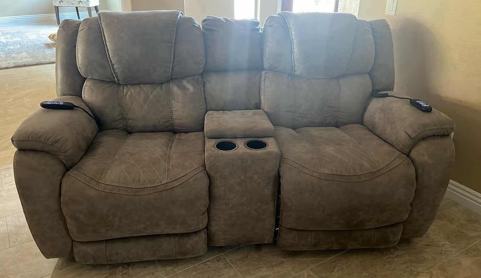 Photo 1 of  DUAL REMOTE RECLINING LOVESEAT W CENTER CONSOLE (BROWN MICROFIBER) W77"