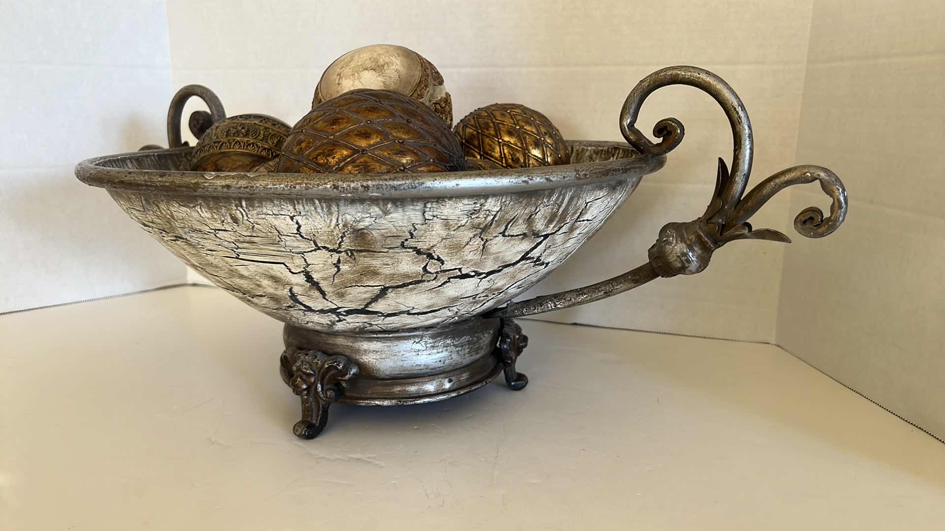 Photo 3 of CRACKLING GOLD W SILVER METAL BOWL W 7 GOLD BALL 22" x 14" H7"