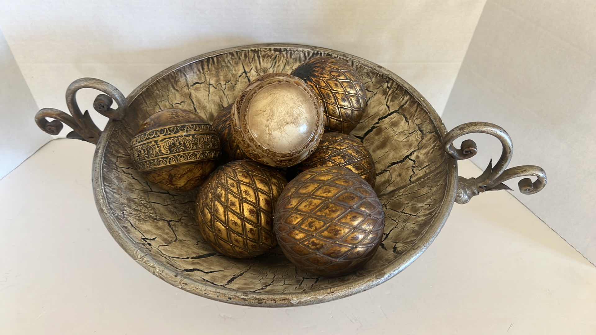 Photo 2 of CRACKLING GOLD W SILVER METAL BOWL W 7 GOLD BALL 22" x 14" H7"