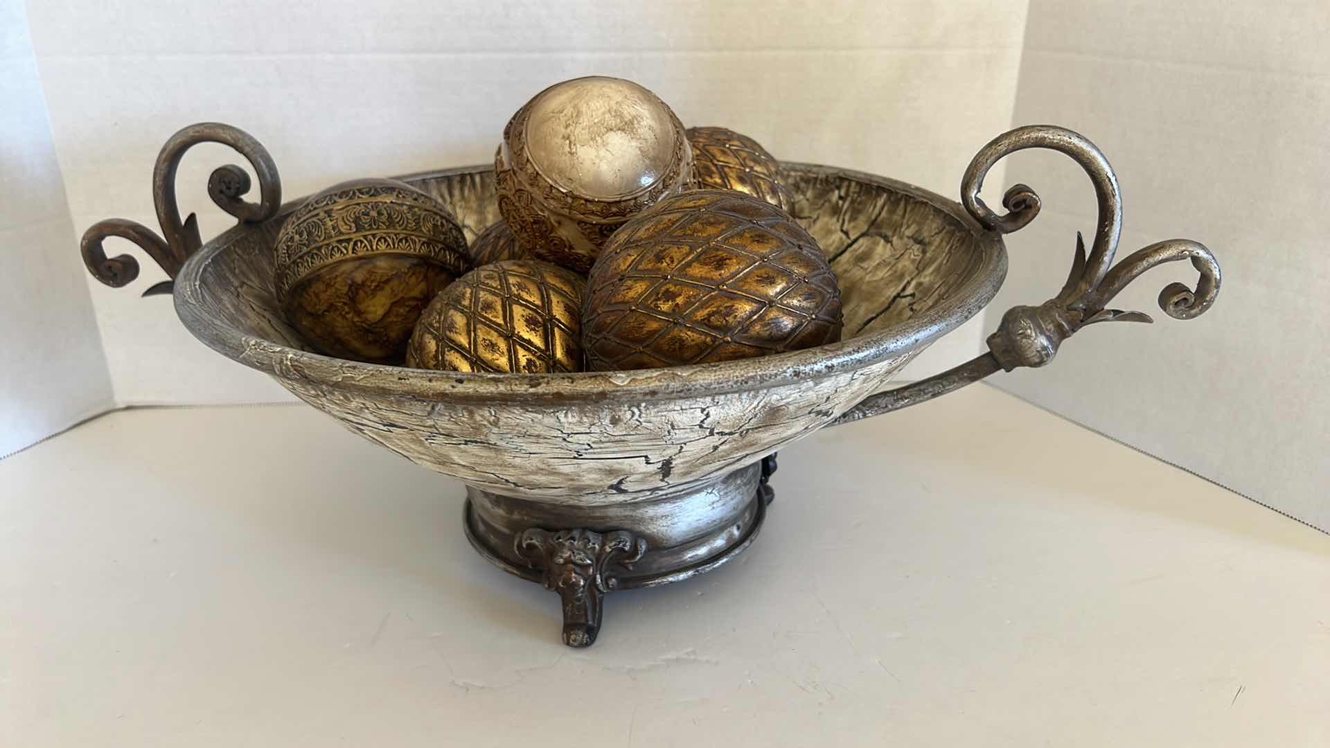 Photo 1 of CRACKLING GOLD W SILVER METAL BOWL W 7 GOLD BALL 22" x 14" H7"