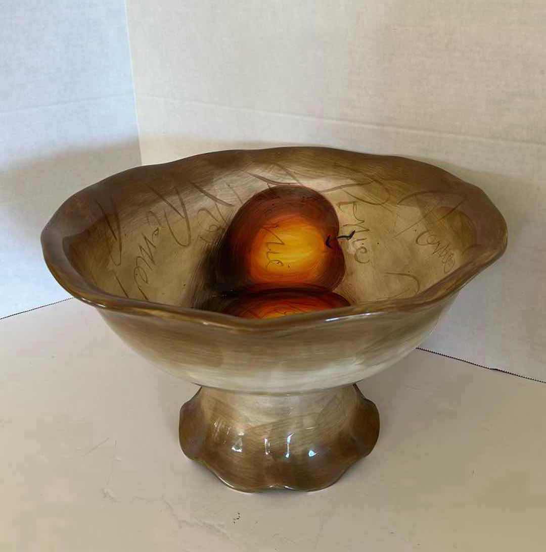 Photo 3 of 14" ROUND FRUITION CERAMIC HAND PAINTED APPLE DESIGN STEMMED BOWL H8"