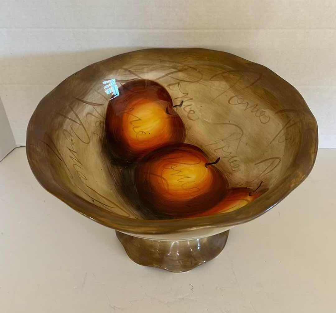 Photo 1 of 14" ROUND FRUITION CERAMIC HAND PAINTED APPLE DESIGN STEMMED BOWL H8"