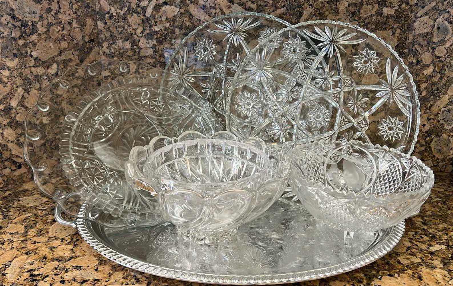 Photo 1 of 7-GLASS SERVE WARE PLATTERS & BOWLS, SILVER-PLATED TRAY