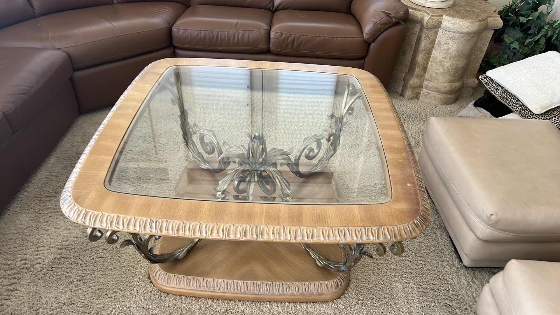 Photo 3 of BERNHARDT VINTAGE BLONDE WOOD W ORNATE WROUGHT IRON COFFEE TABLE 42" x 39" H21"