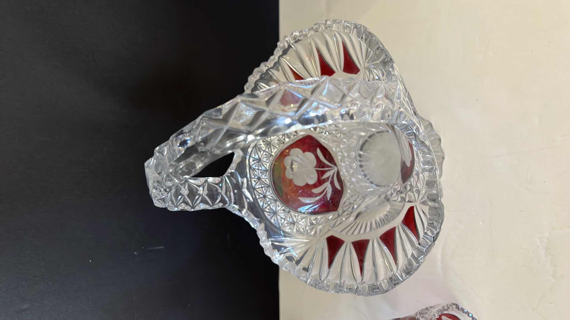 Photo 5 of CZECH CLEAR CRYSTAL & RUBY RED BASKET & DINNER BELL W ETCHED ROSE