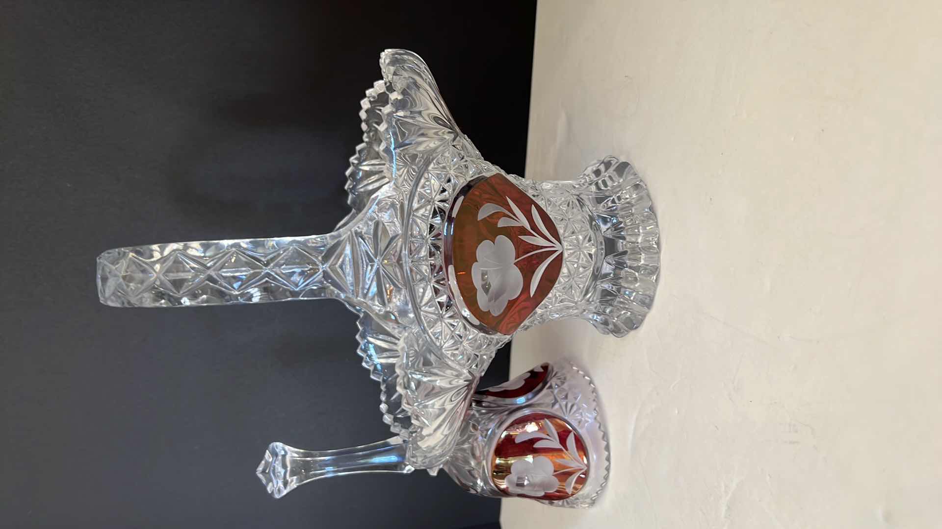 Photo 2 of CZECH CLEAR CRYSTAL & RUBY RED BASKET & DINNER BELL W ETCHED ROSE