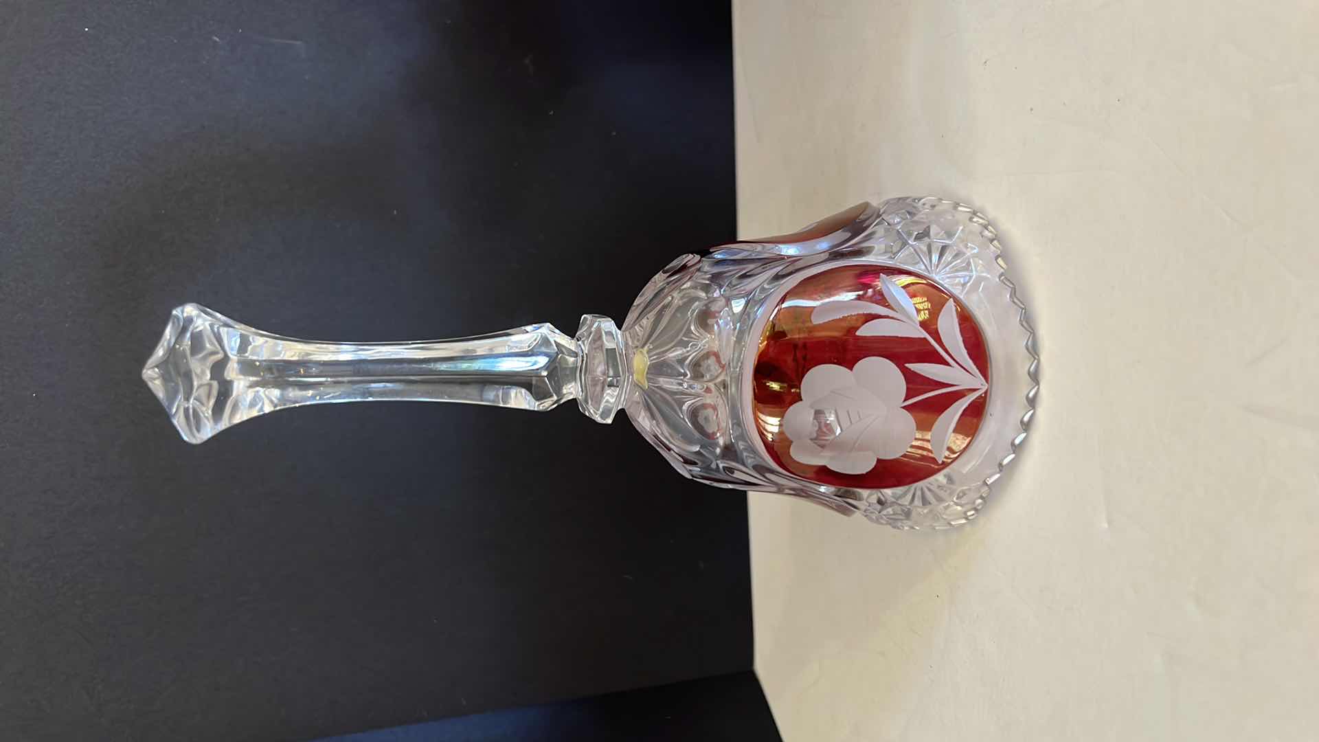 Photo 3 of CZECH CLEAR CRYSTAL & RUBY RED BASKET & DINNER BELL W ETCHED ROSE