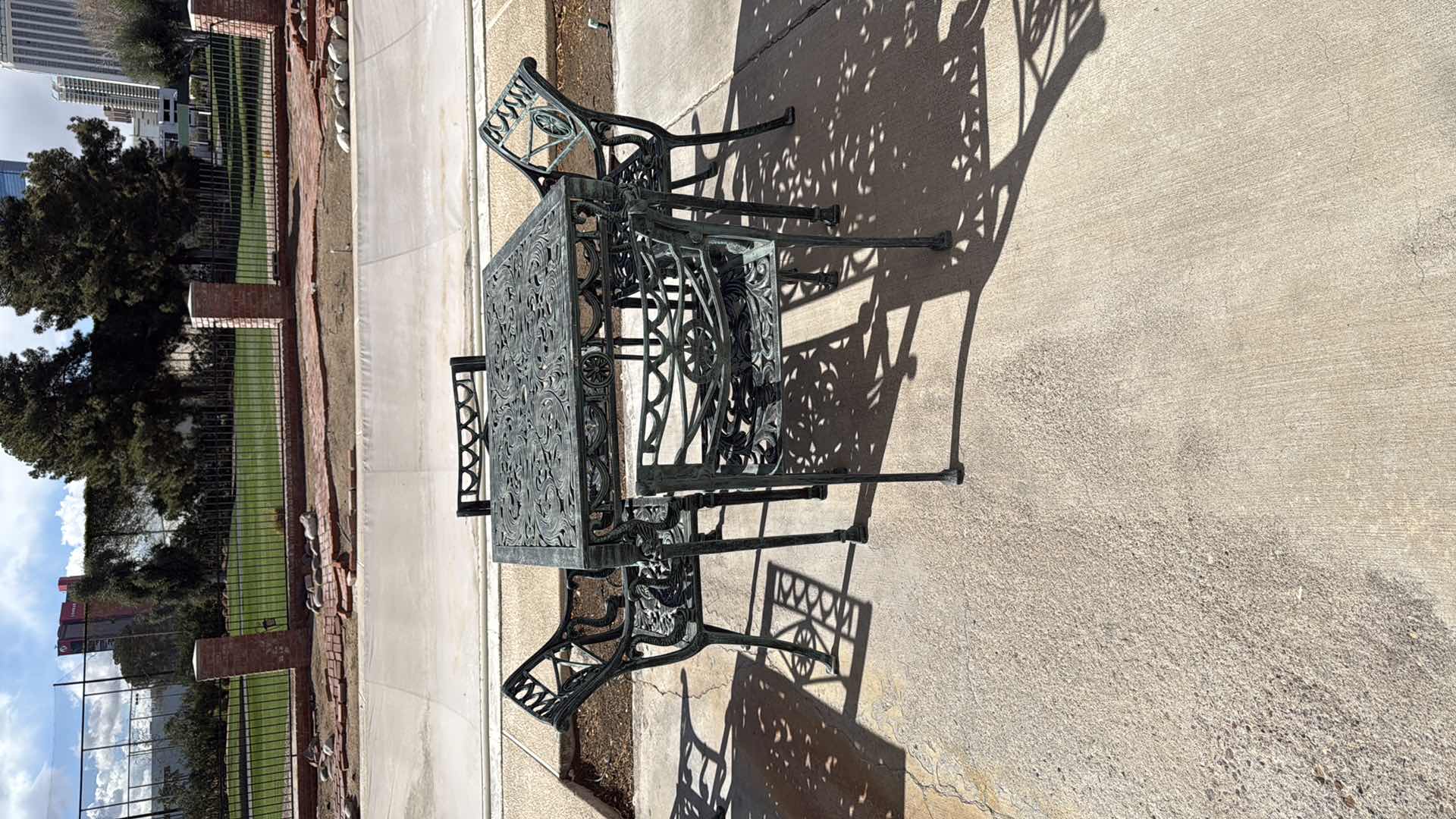 Photo 5 of VINTAGE HEAVY GREEN CAST IRON 5 PC OUTDOOR PATIO SET (TABLE 34” x 34” H28”, 4-ARM CHAIRS