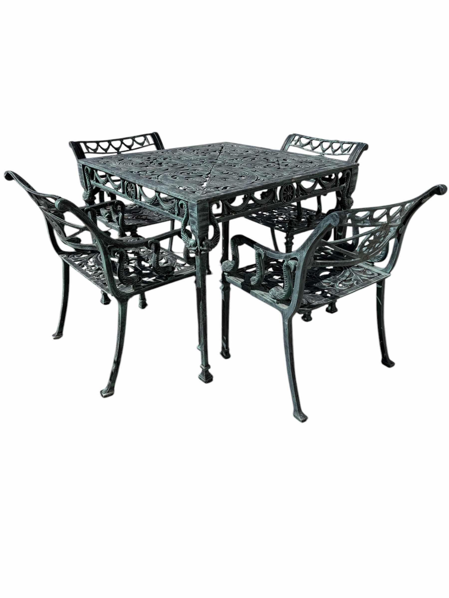 Photo 2 of VINTAGE HEAVY GREEN CAST IRON 5 PC OUTDOOR PATIO SET (TABLE 34” x 34” H28”, 4-ARM CHAIRS