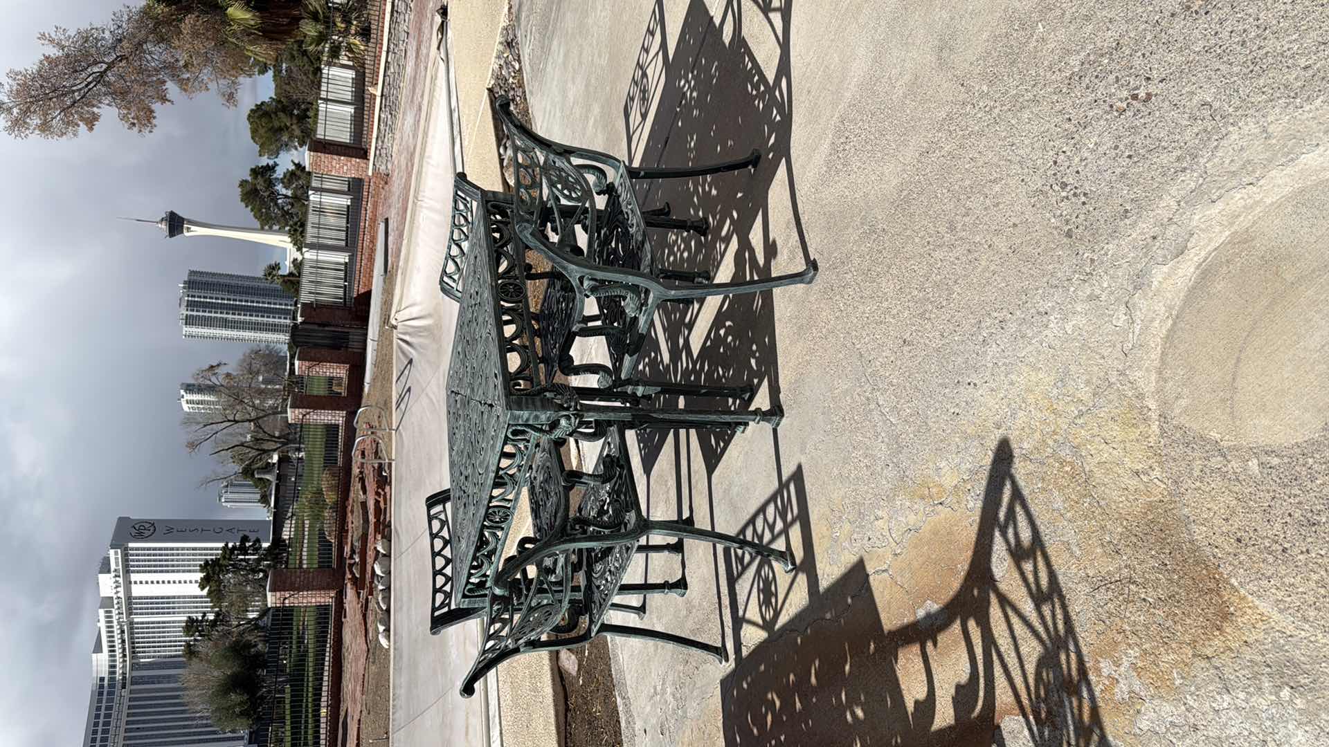 Photo 6 of VINTAGE HEAVY GREEN CAST IRON 5 PC OUTDOOR PATIO SET (TABLE 34” x 34” H28”, 4-ARM CHAIRS