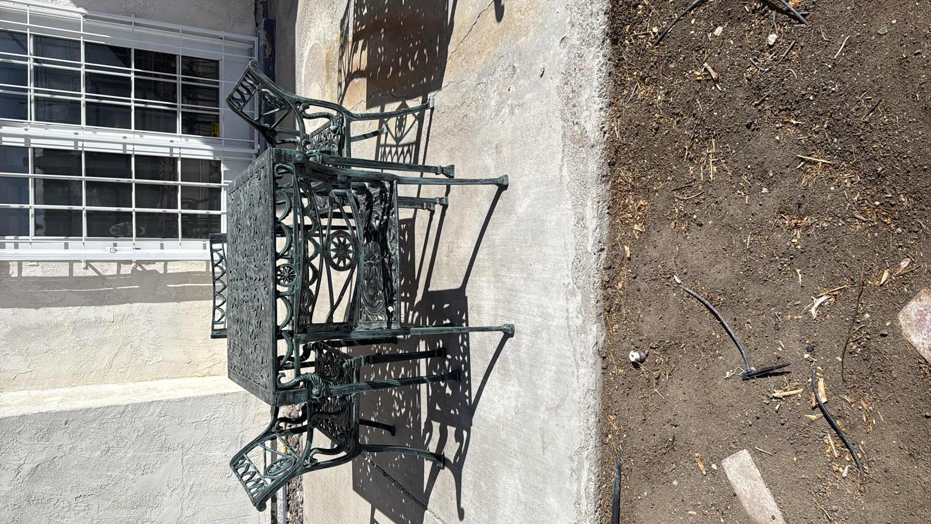 Photo 7 of VINTAGE HEAVY GREEN CAST IRON 5 PC OUTDOOR PATIO SET (TABLE 34” x 34” H28”, 4-ARM CHAIRS