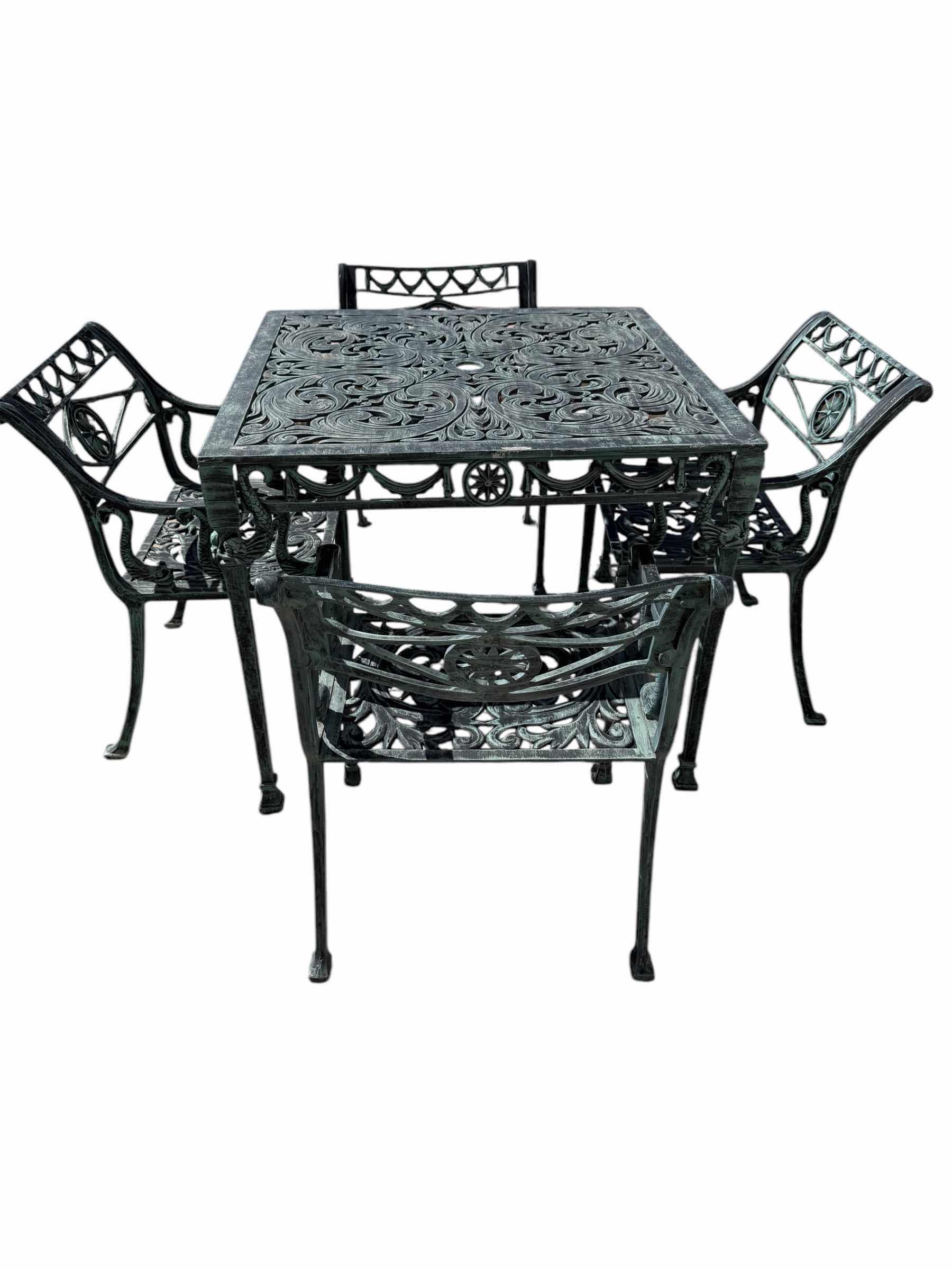 Photo 1 of VINTAGE HEAVY GREEN CAST IRON 5 PC OUTDOOR PATIO SET (TABLE 34” x 34” H28”, 4-ARM CHAIRS