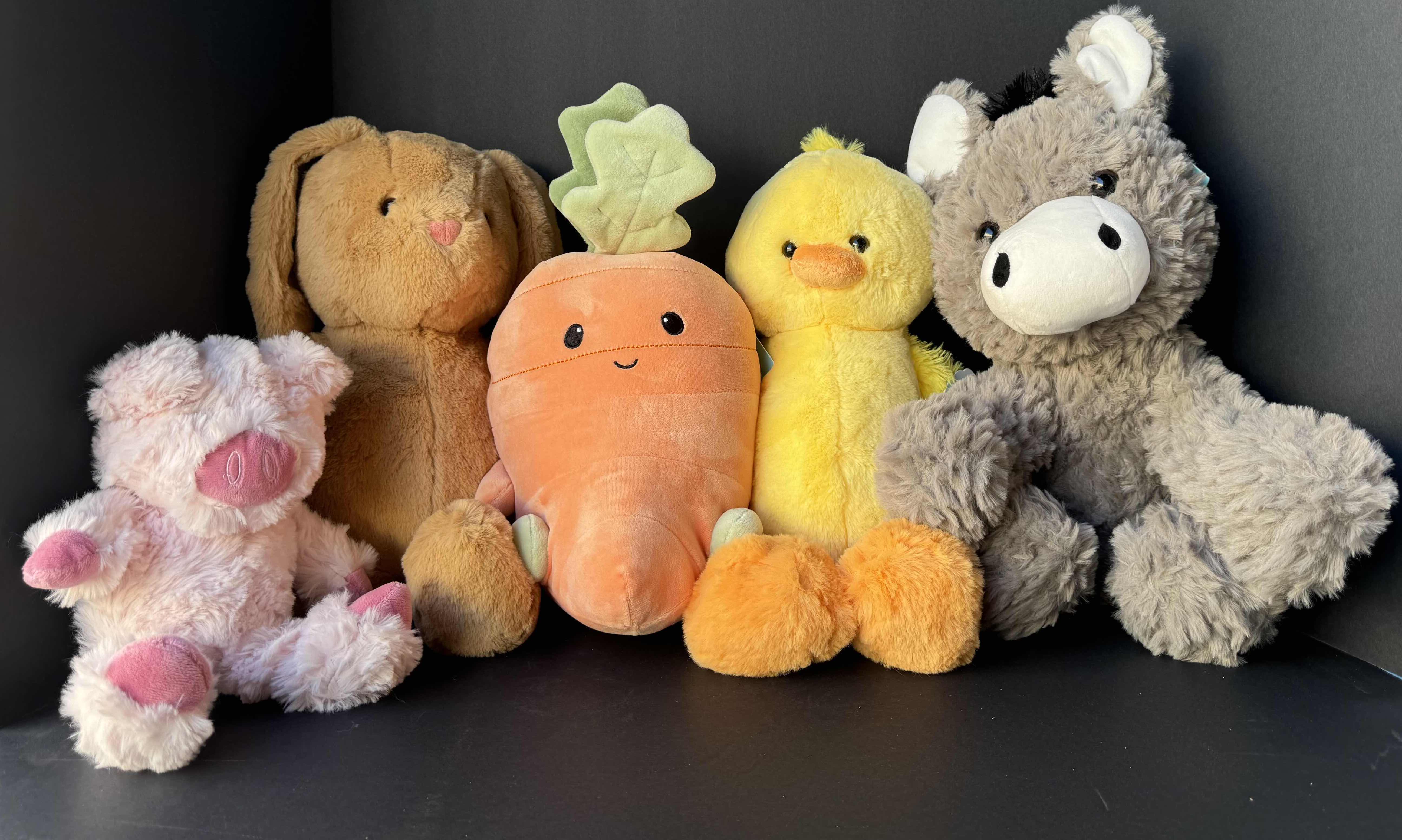 Photo 1 of HUG ME PLUSHIES (5) - PIG H10", BUNNY H14”, CARROT H12”, DUCK H12” & DONKEY H16” NWT