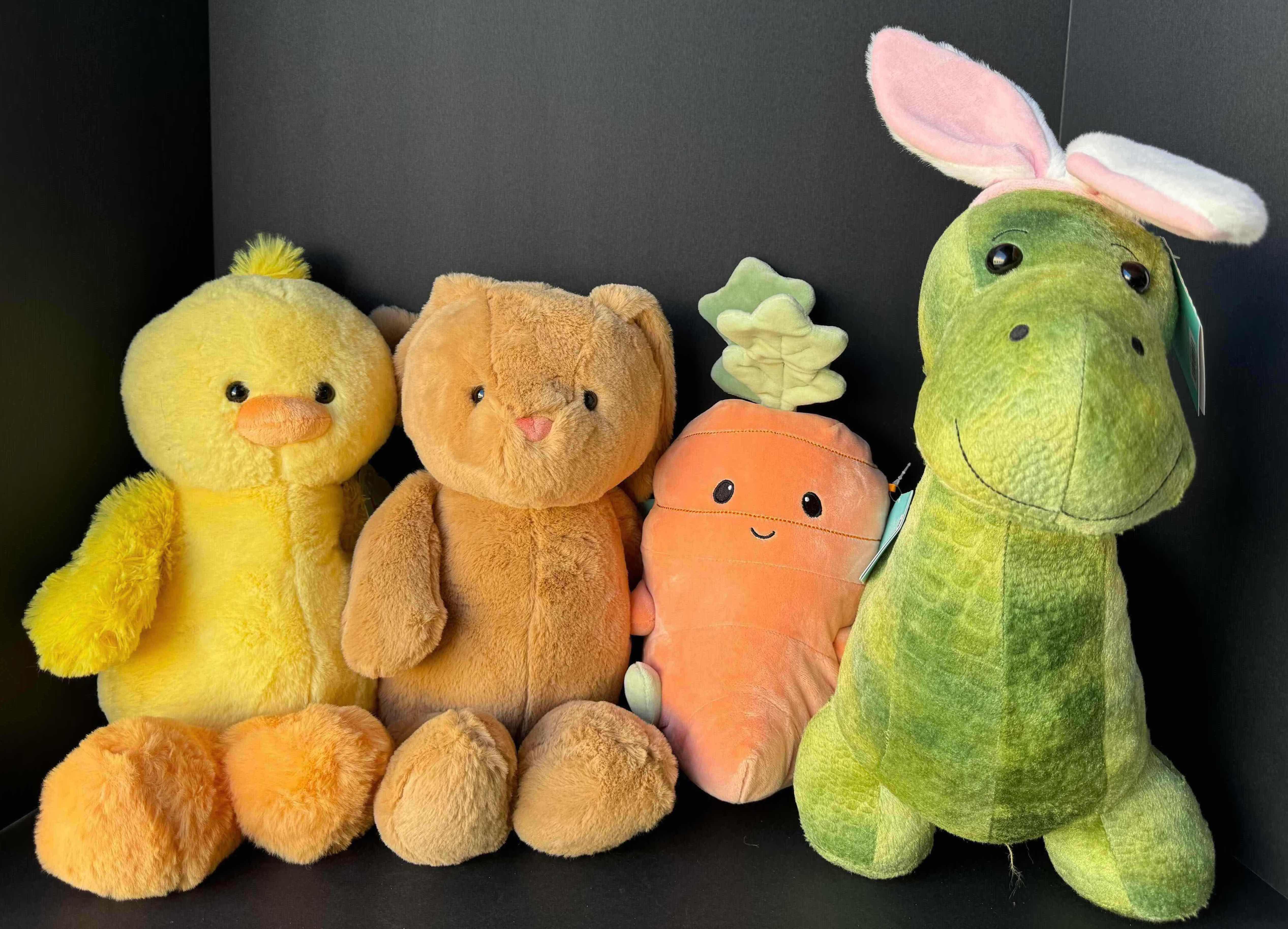 Photo 1 of HUG ME PLUSHIES (4) - DUCK H14”, BUNNY H14”, CARROT H12” & DINOSAUR H16” NWT