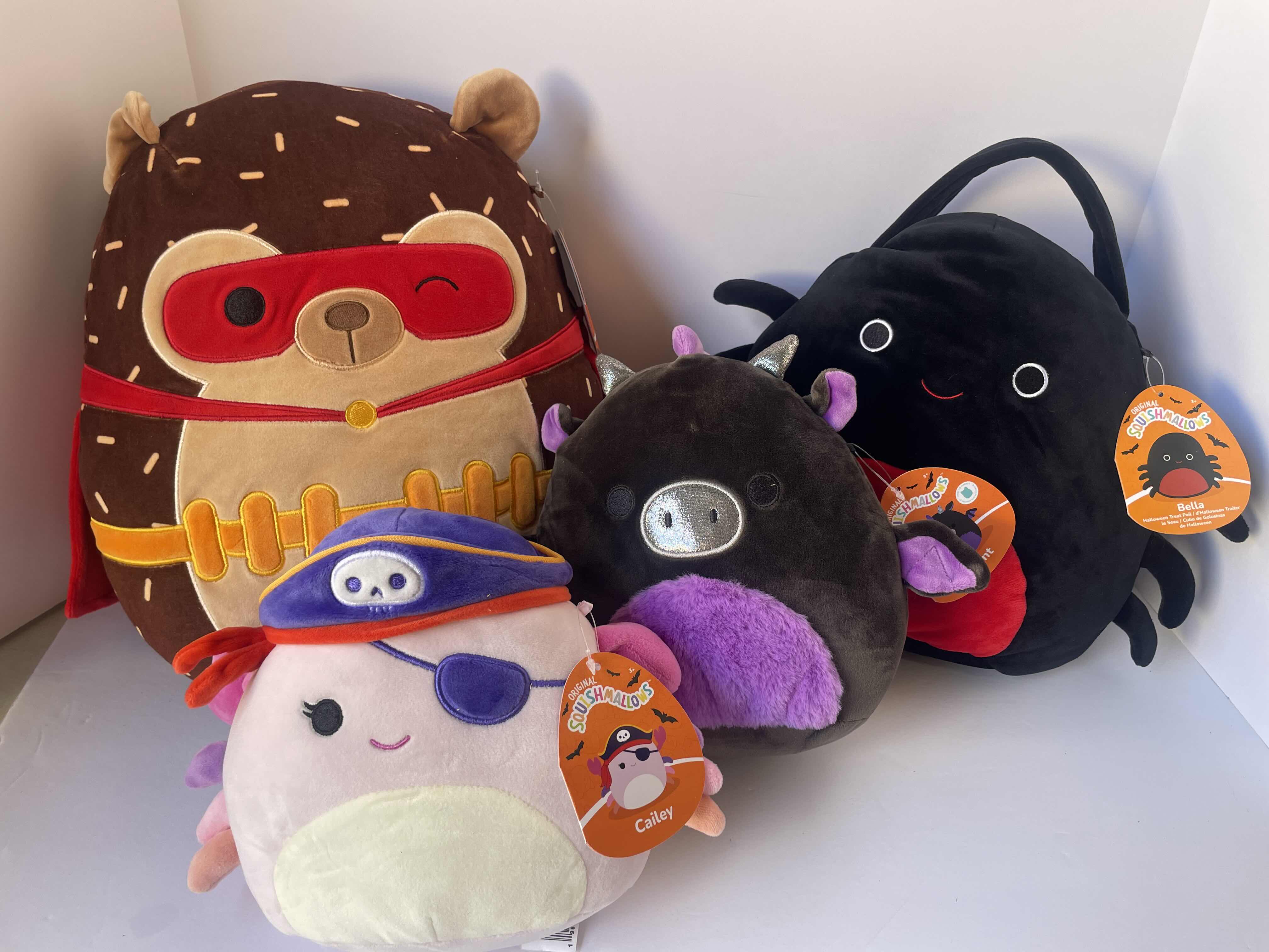 Photo 1 of HALLOWEEN SQUISHMALLOWS CAILEY H8”, DENT H8”, HANS H12” & ORIGINAL SQUISHMALLOWS TREAT PAIL BELLA H10” - TOTAL (4) NWT