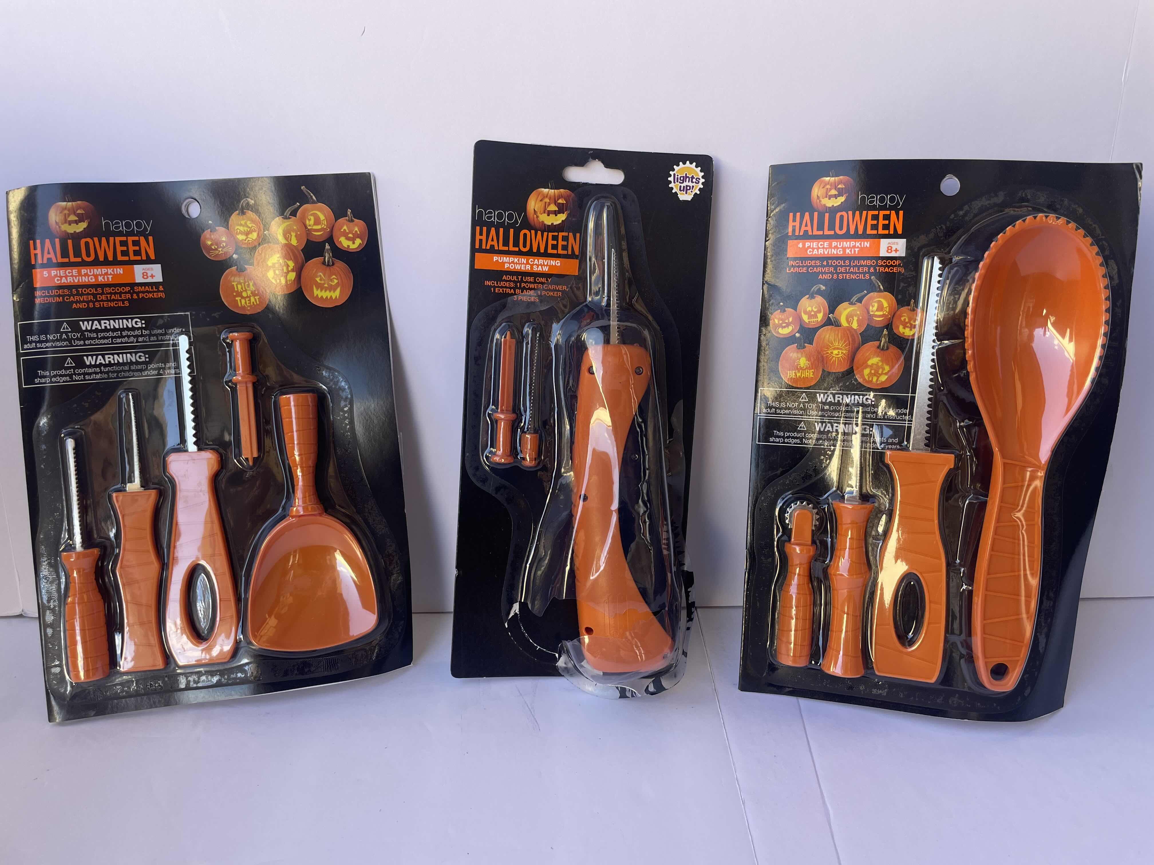 Photo 1 of HAPPY HALLOWEEN PUMPKIN CARVING KITS - 5 PIECE PUMPKIN CARVING KIT (28), 4 PIECE PUMPKIN CARVING KIT (6) & PUMPKIN CARVING POWER SAW (2) 