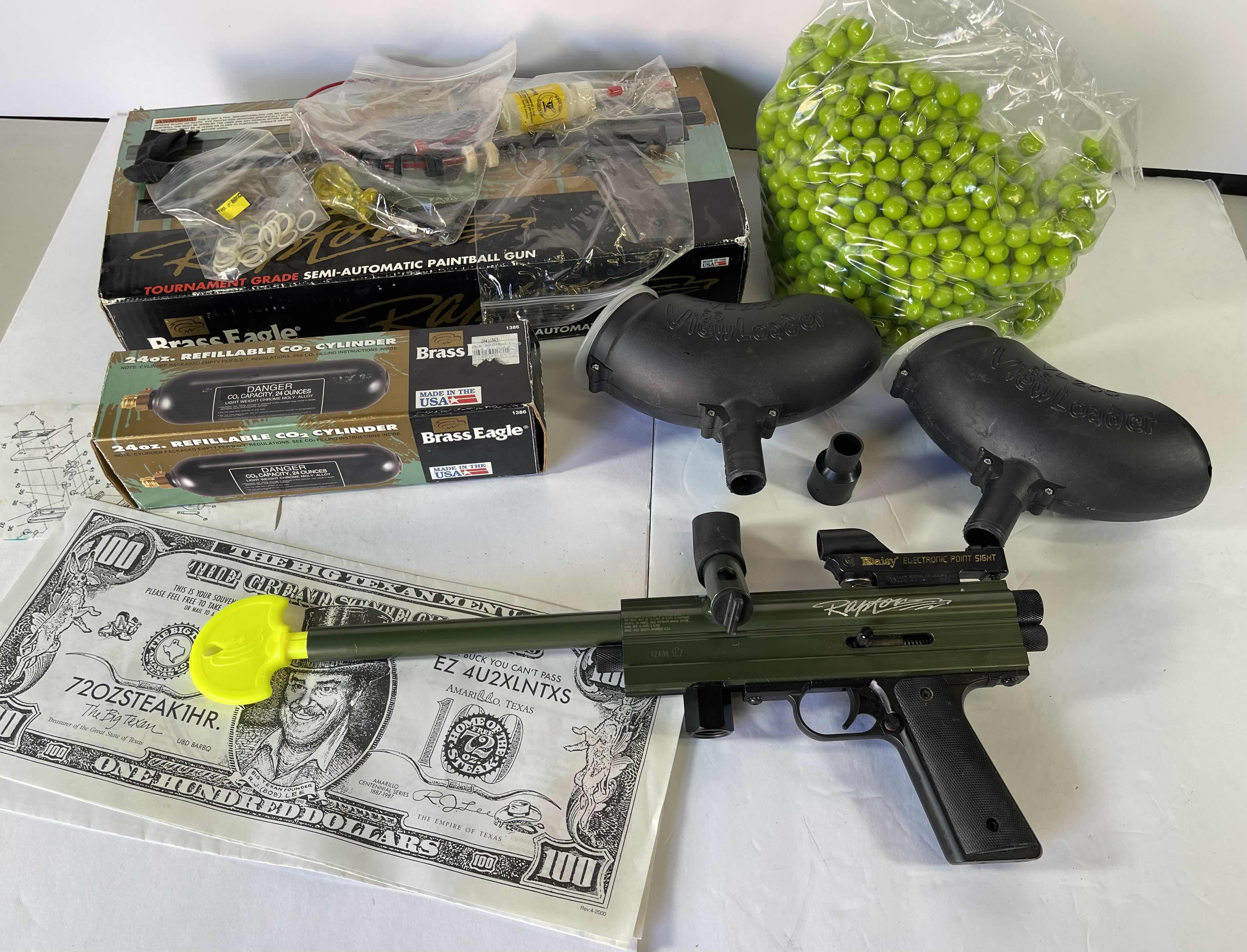 Photo 1 of RAPTOR TOURNAMENT GRADE SEMI-AUTOMATIC PAINTBALL GUN WITH REFILLABLE CYLINDER & 1000 GREEN PAINTBALLS