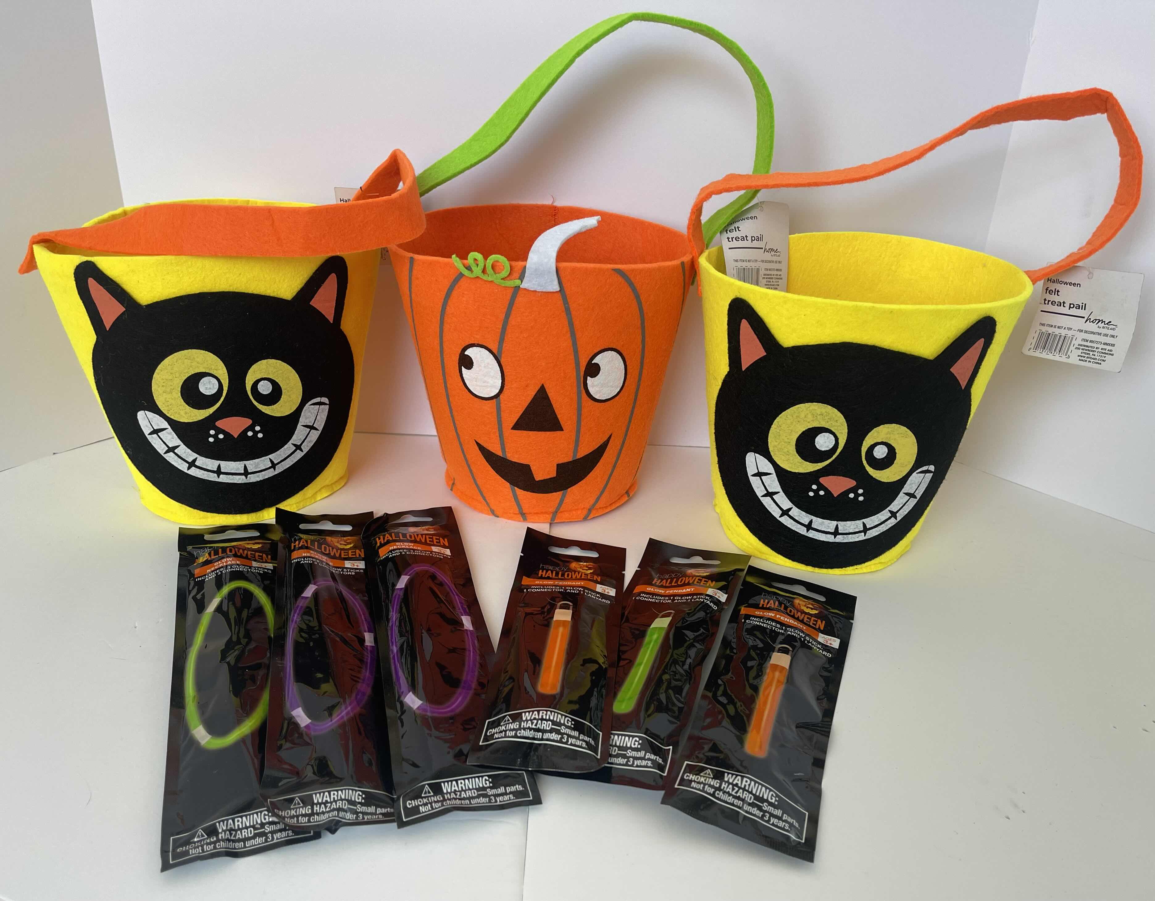 Photo 1 of NEW FELT HALLOWEEN BASKETS 7”, GLOW STICKS & GLOW NECKLACES (3 EACH)