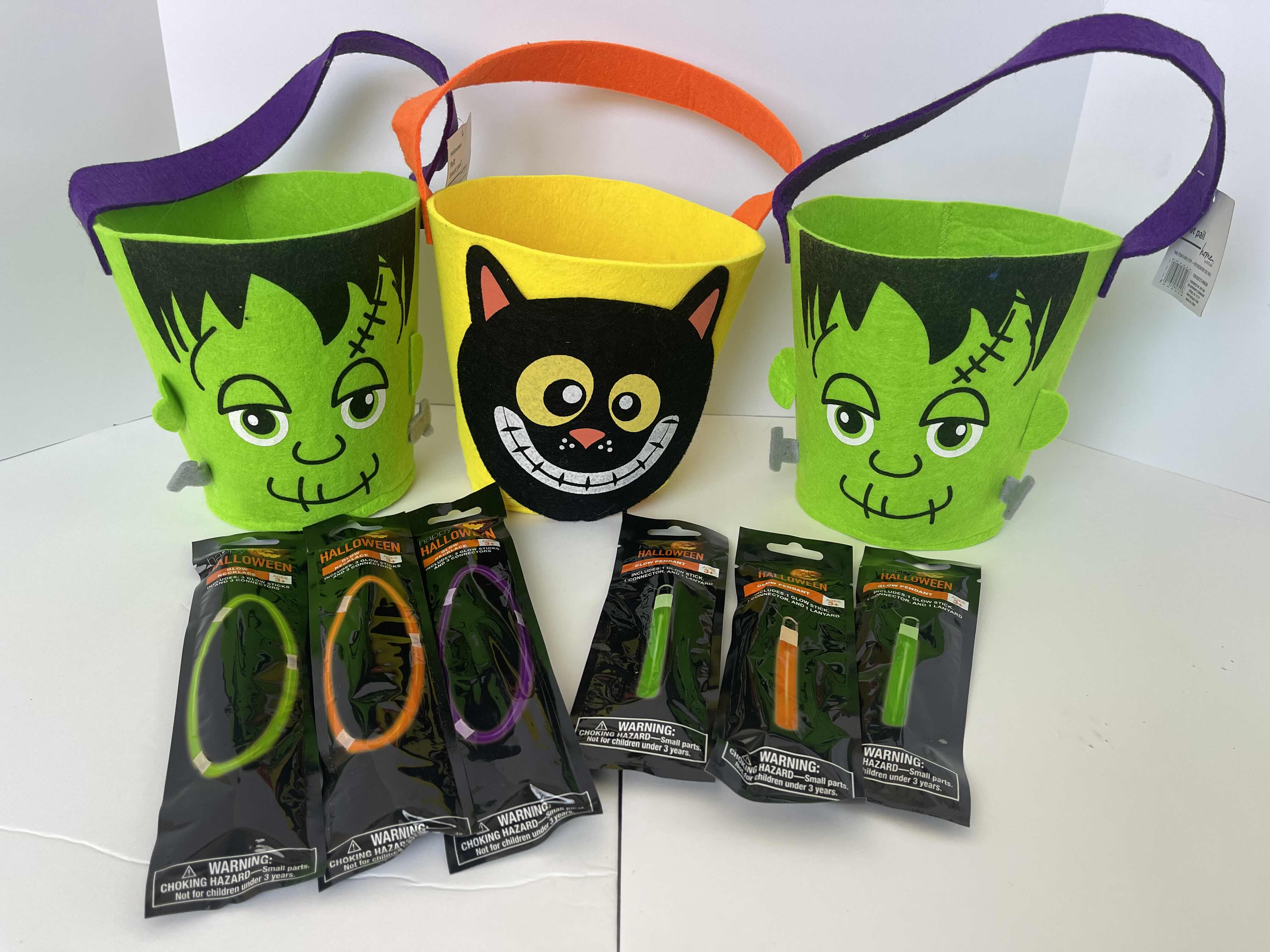 Photo 1 of NEW FELT HALLOWEEN BASKETS 7”, GLOW STICKS & GLOW NECKLACES (3 EACH)