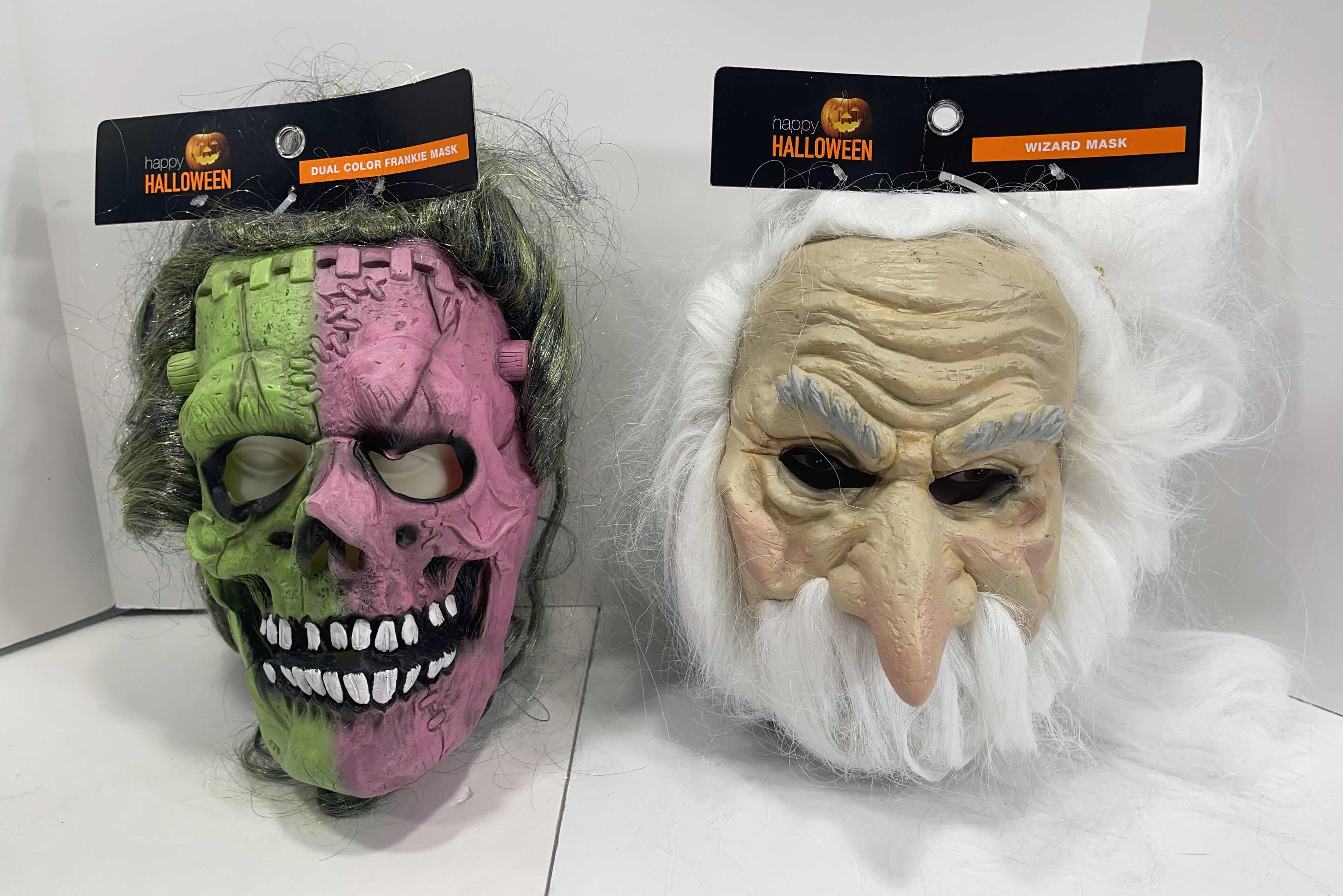 Photo 1 of NEW HAPPY HALLOWEEN COSTUME RUBBER FACE MASKS (2) DUAL COLOR FRANKIE & WIZARD