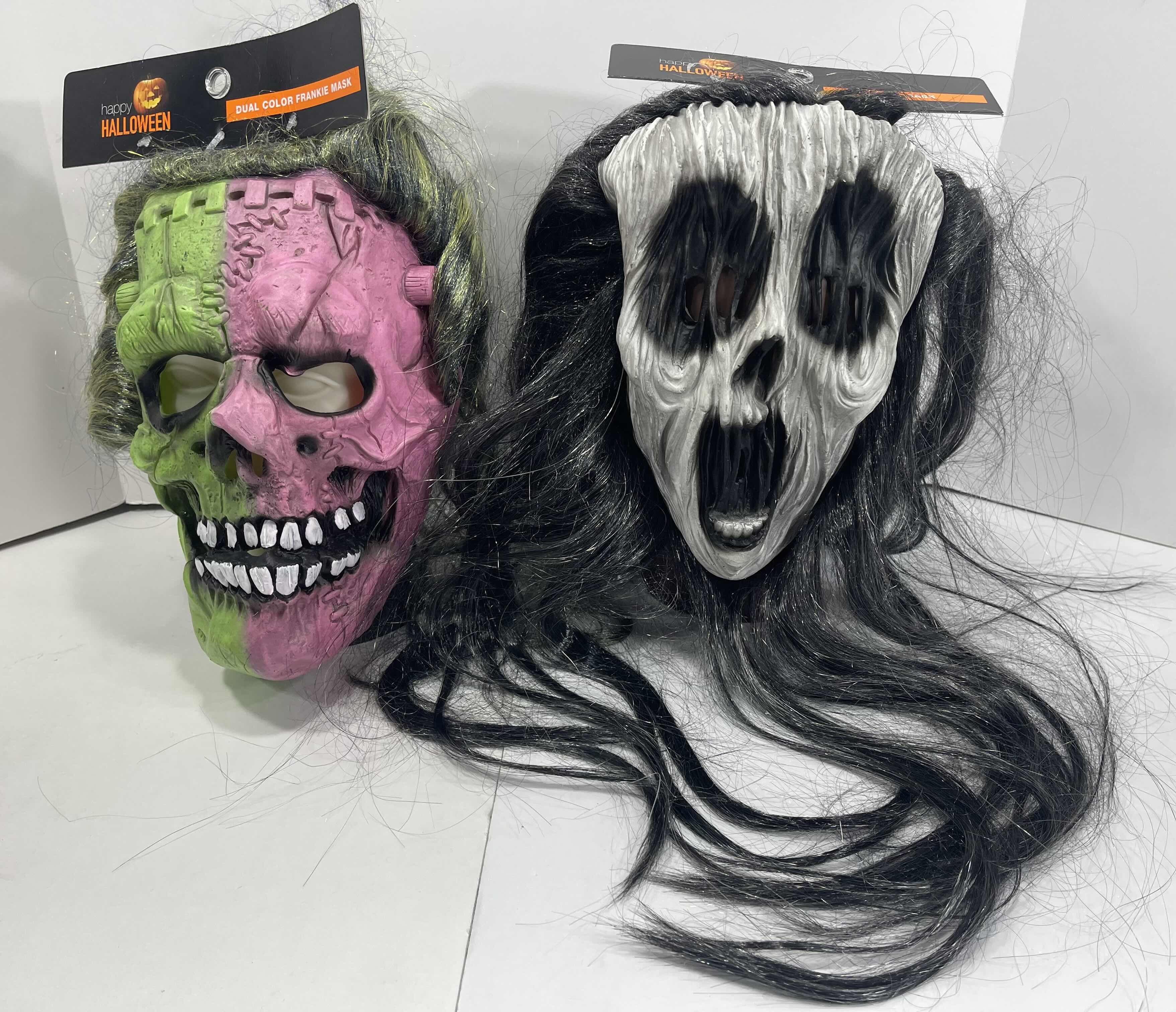 Photo 1 of NEW HAPPY HALLOWEEN COSTUME RUBBER FACE MASKS (2) DUAL COLOR FRANKIE & WIZARD