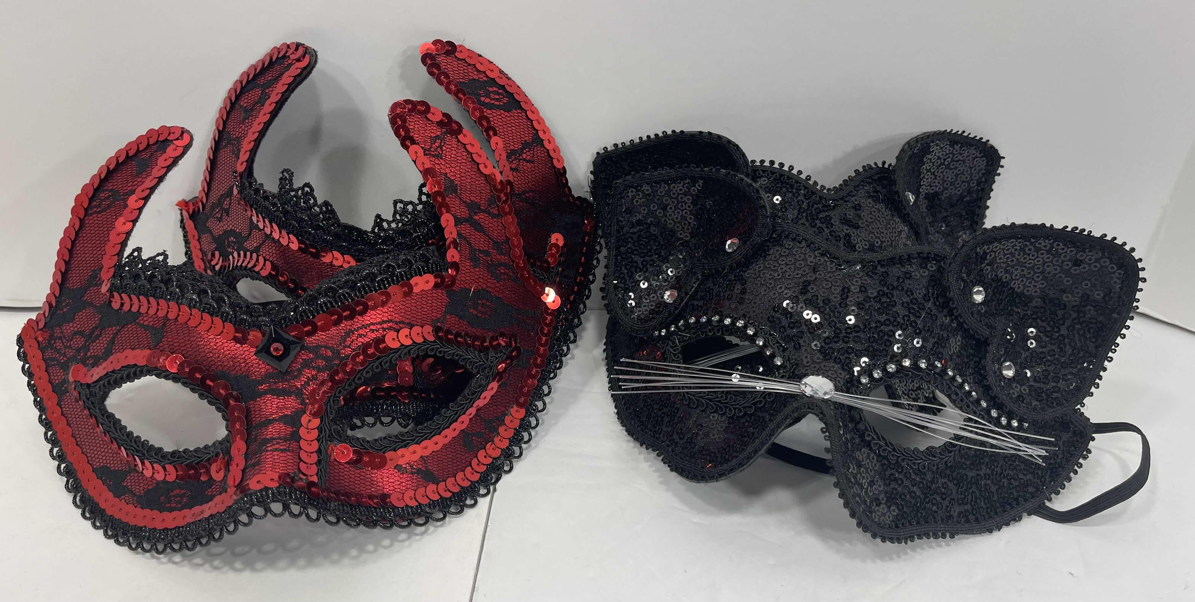 Photo 1 of NEW SEQUINS HALLOWEEN FACE MASKS (4) - RED DEVIL (2) & BLACK CAT (2)