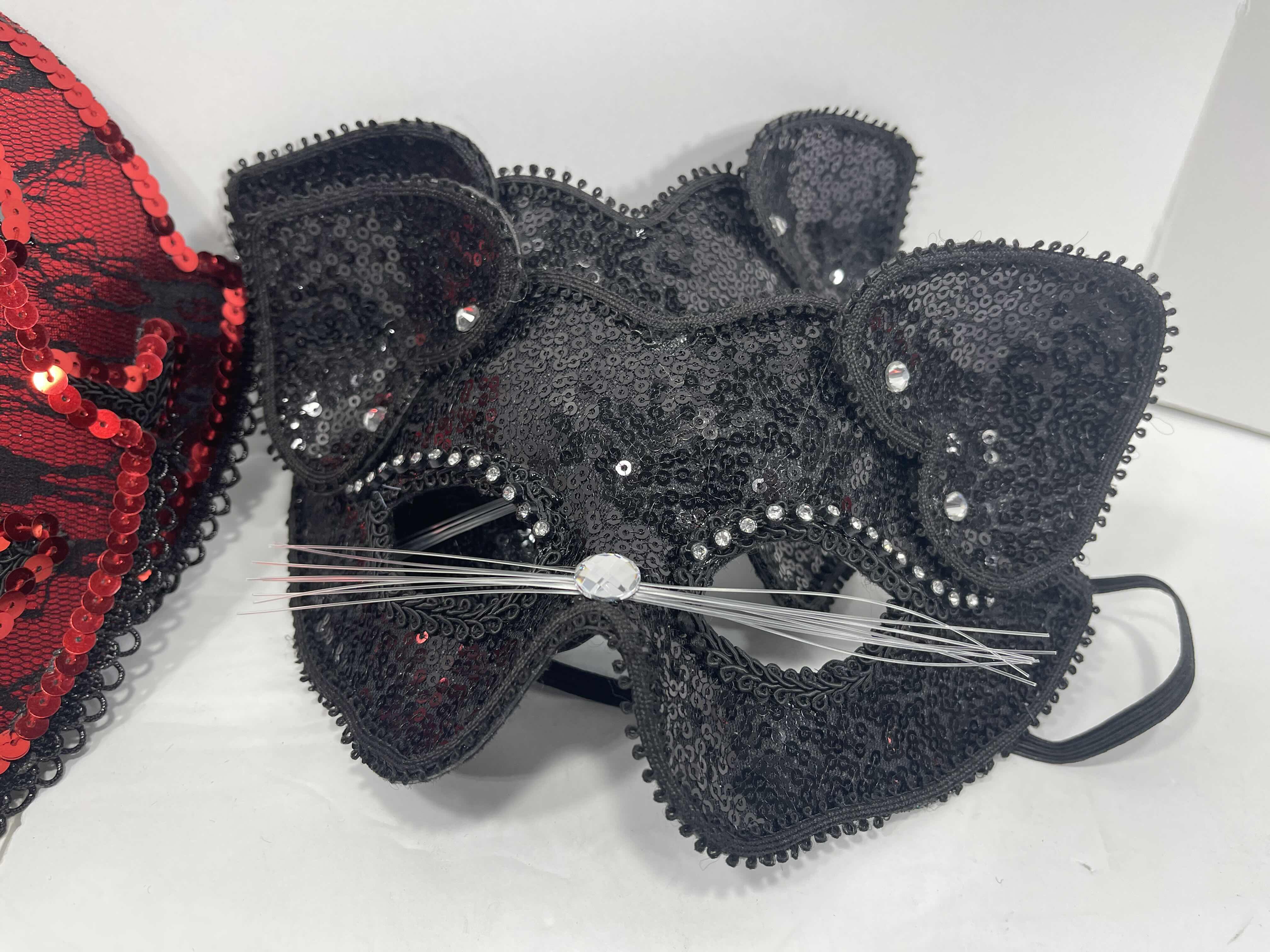 Photo 2 of NEW SEQUINS HALLOWEEN FACE MASKS (4) - RED DEVIL (2) & BLACK CAT (2)