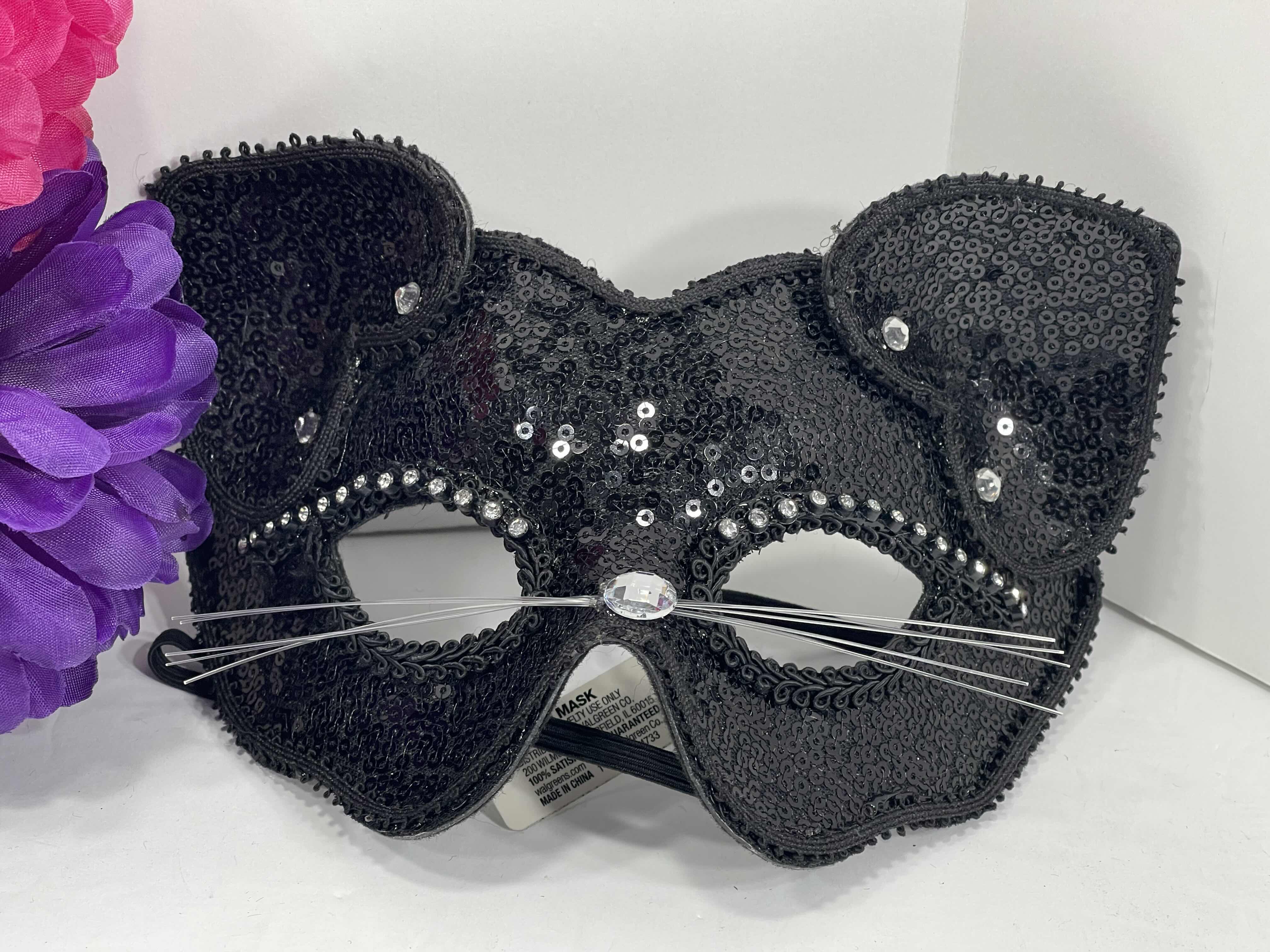 Photo 2 of NEW SEQUINS HALLOWEEN FACE MASKS (4) - RED DEVIL (2) & BLACK CAT (1) WITH FLOWER FACE MASK (1)