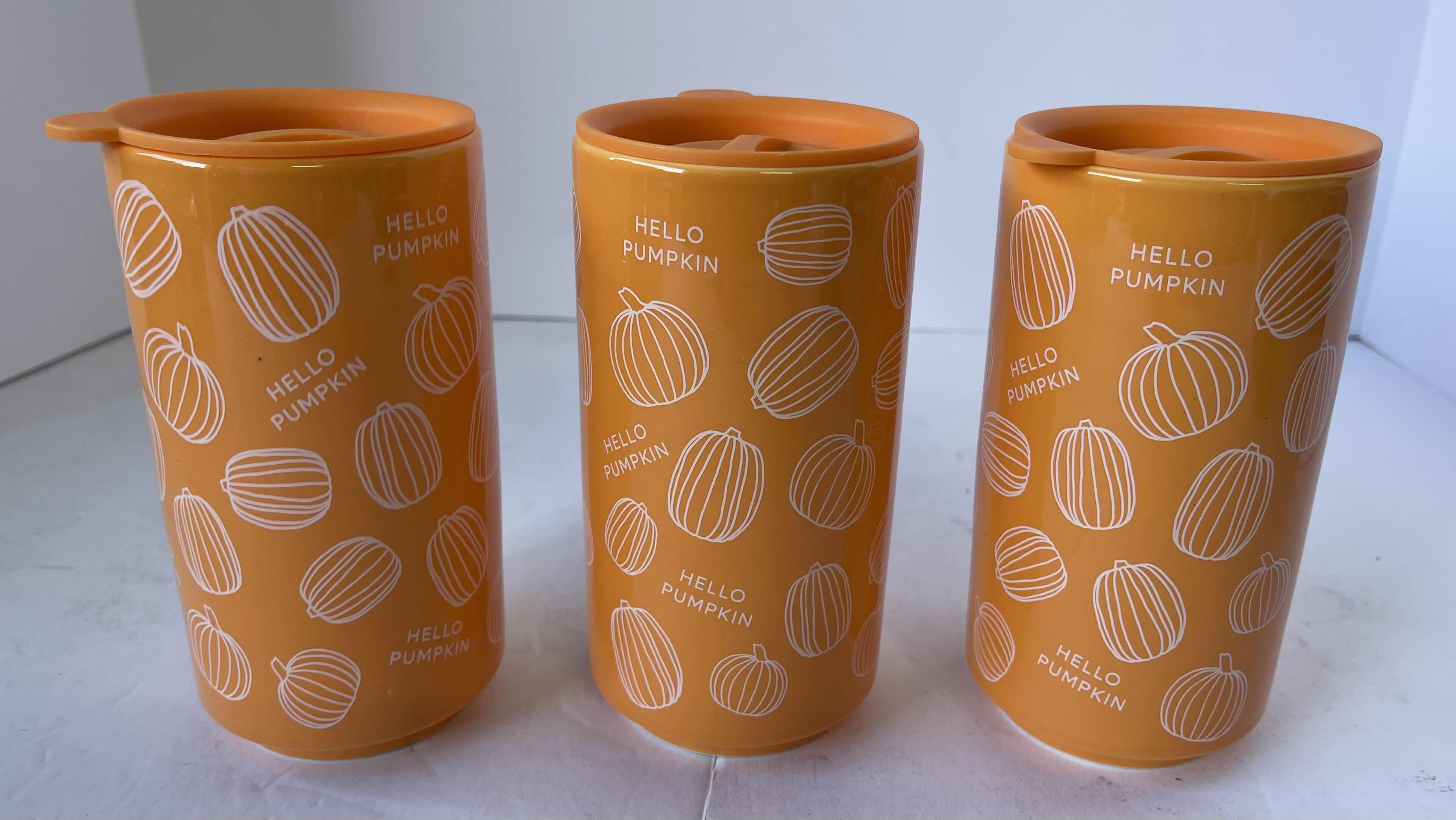 Photo 1 of FALL IN AUTUMN CERAMIC ORANGE 16 OZ. TRAVEL MUGS WITH LIDS (3)