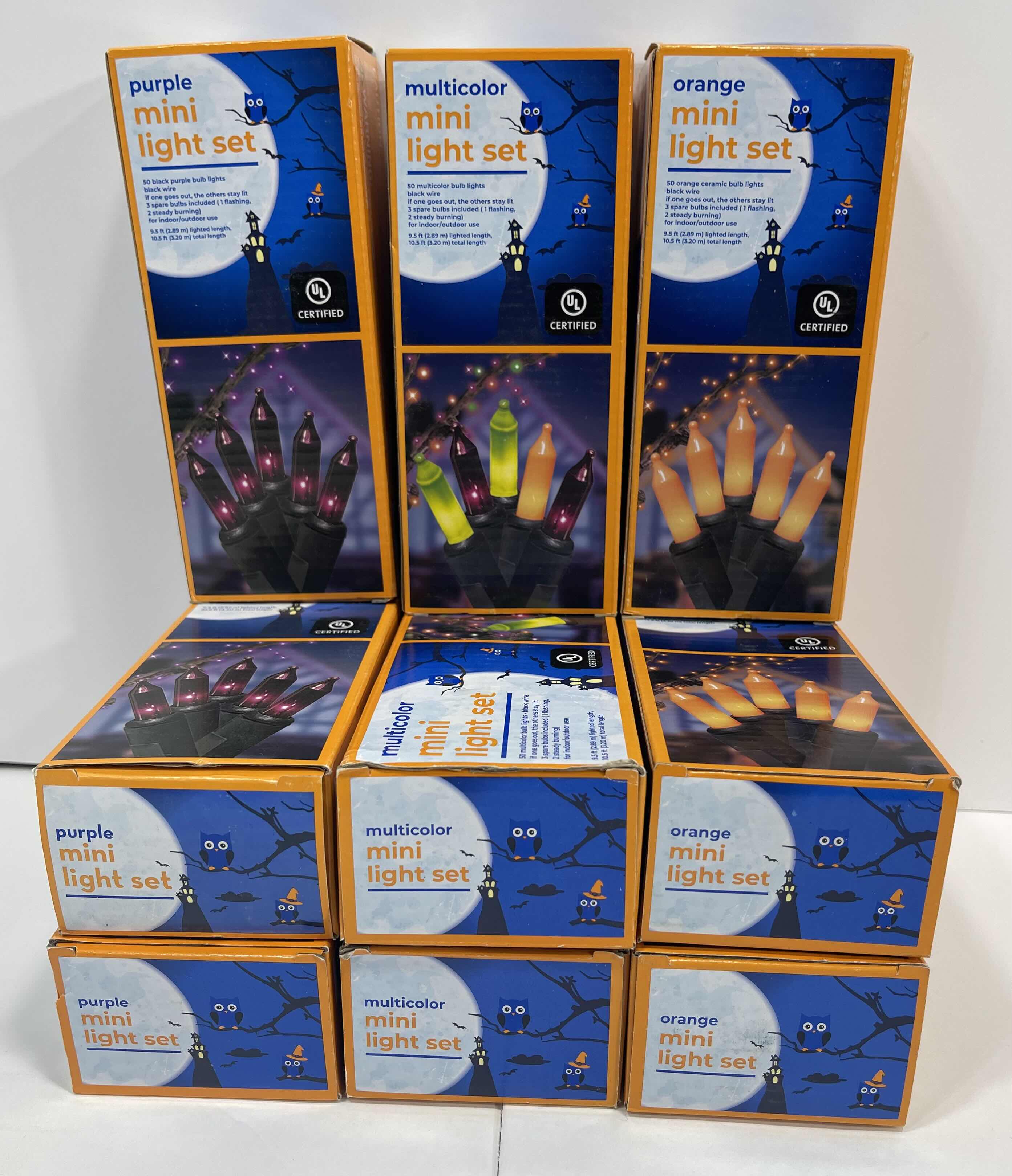 Photo 1 of MINI LIGHT SET 50 BULB INDOOR/OUTDOOR BOXES (9TOTAL) - ORANGE (3), PURPLE (3) & MULTICOLOR (3) MSRP $75