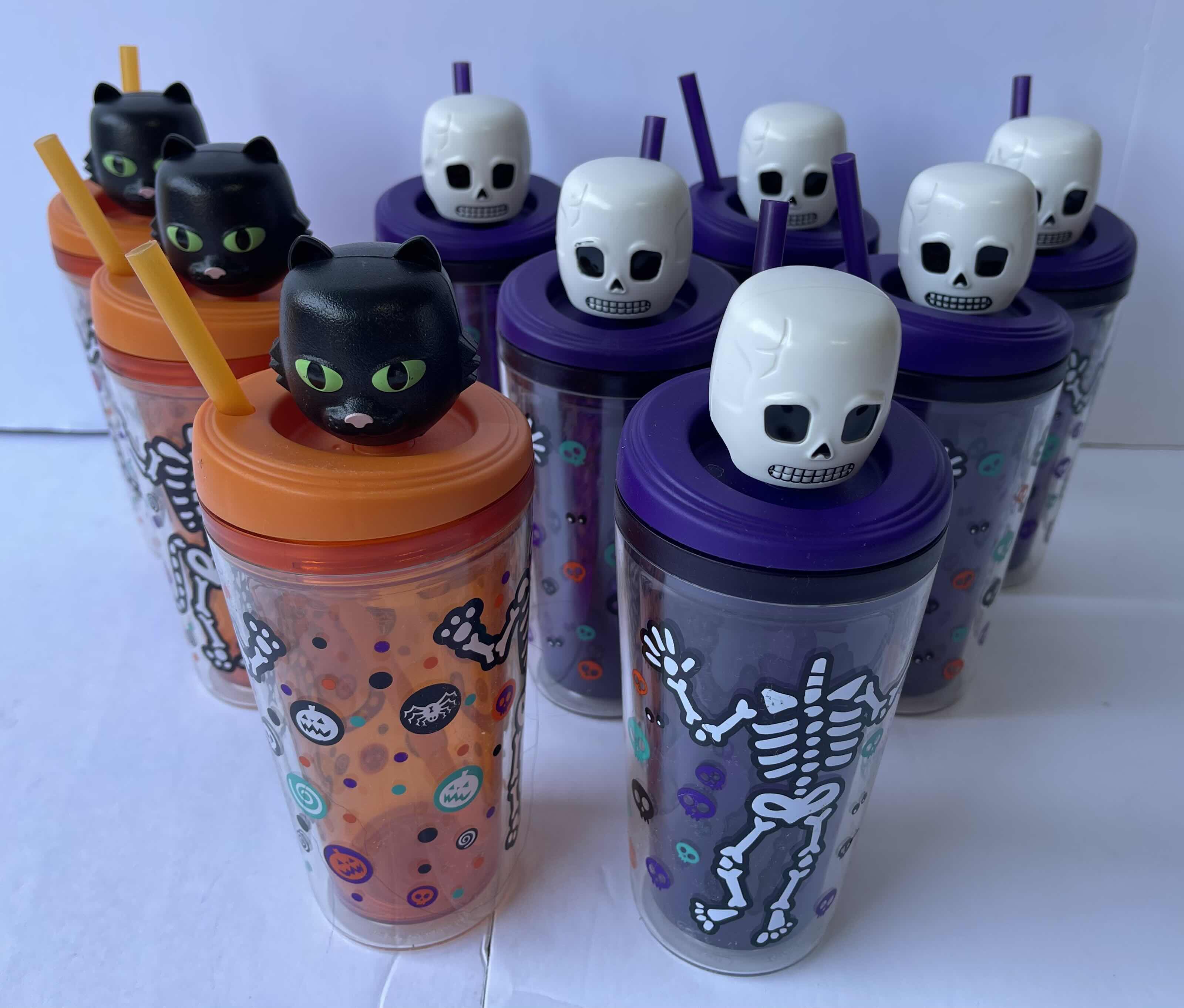 Photo 1 of BOBBLE HEAD HALLOWEEN TUMBLERS WITH STRAW 12OZ - ORANGE (3) & PURPLE (6)