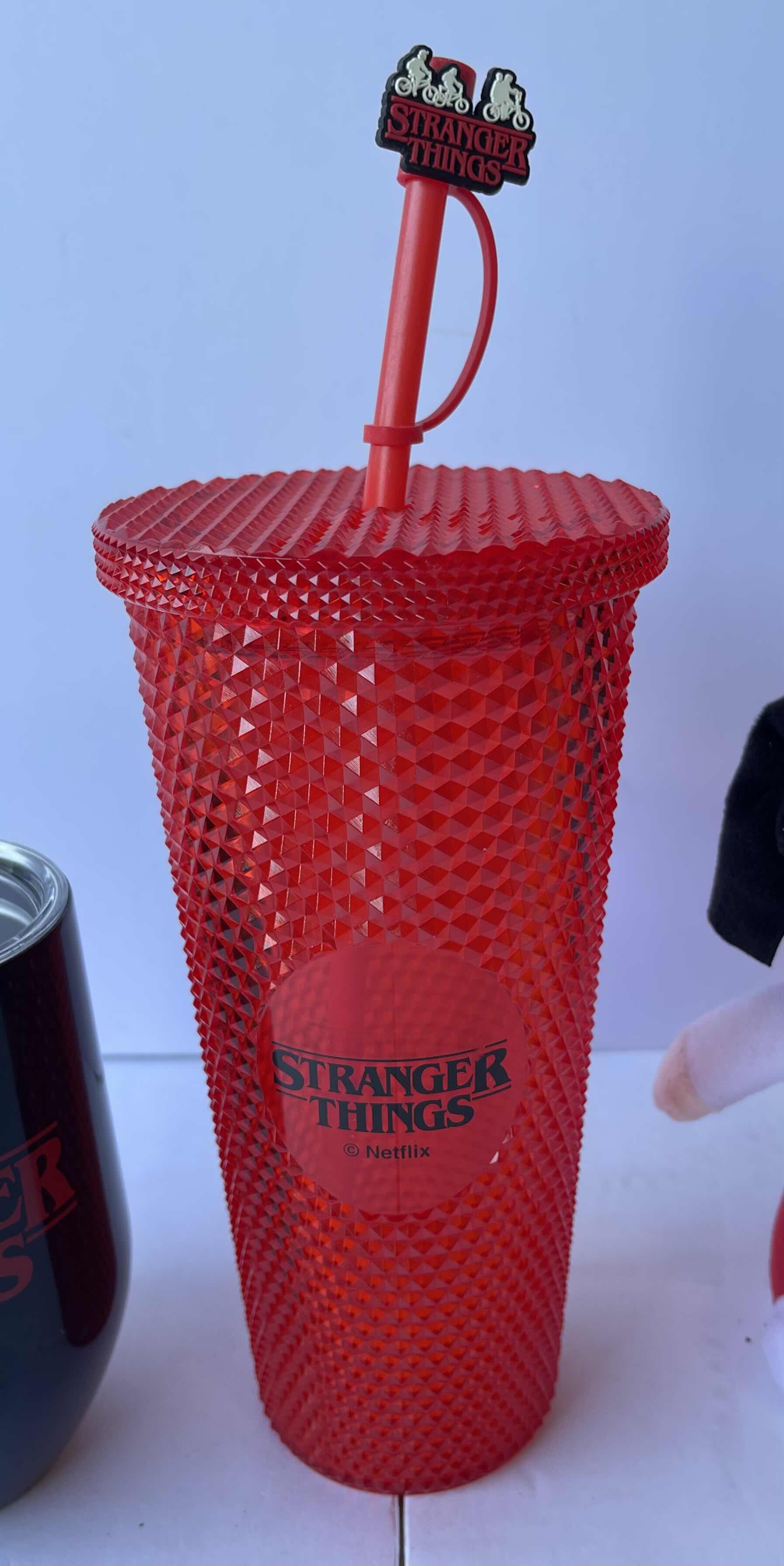 Photo 3 of STRANGER THINGS TUMBLERS (2) 20 OZ. TEXTURED & 13.5 OZ. BLACK METAL WITH MINI MIKE PLUSH H7.5”