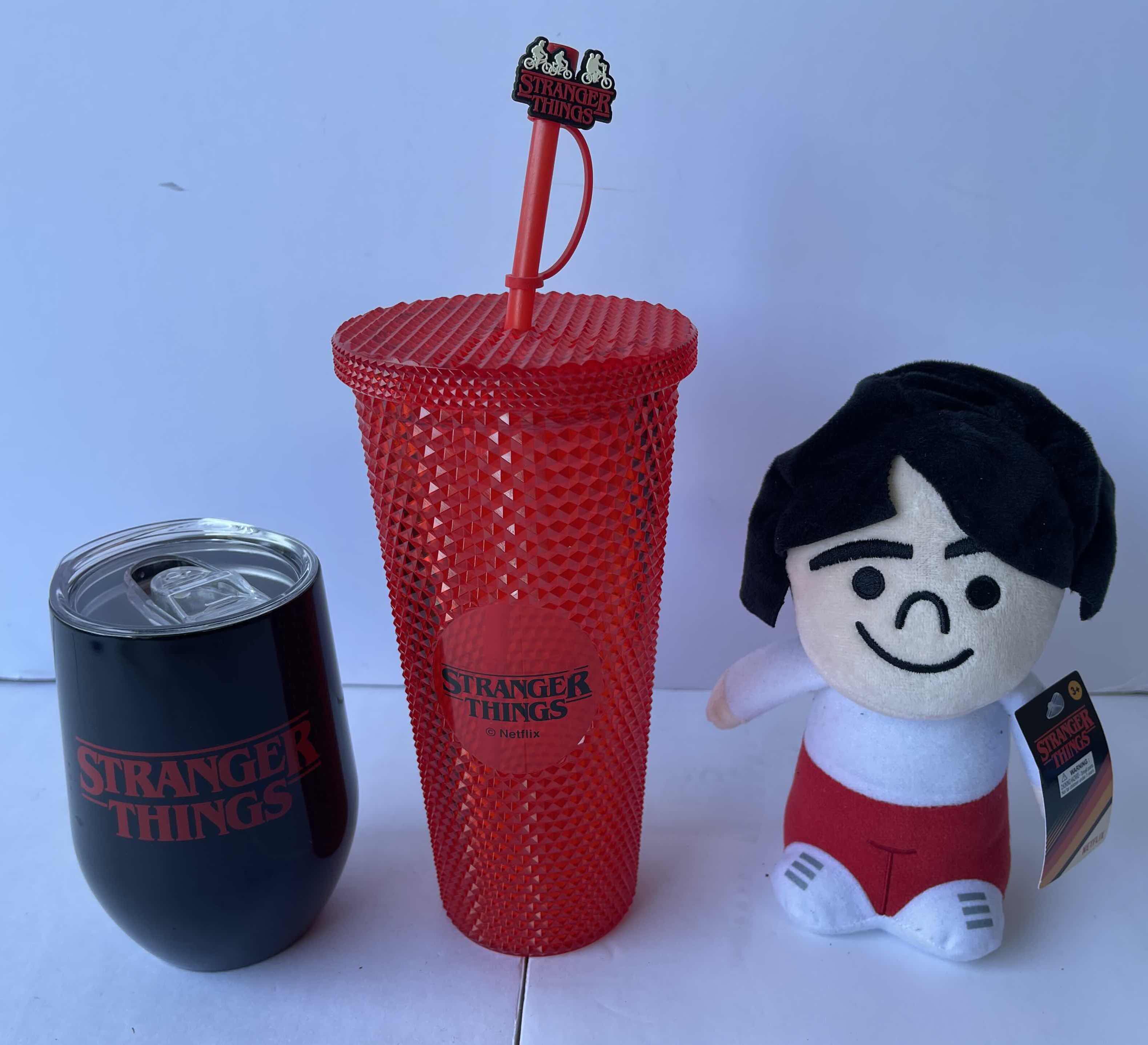 Photo 1 of STRANGER THINGS TUMBLERS (2) 20 OZ. TEXTURED & 13.5 OZ. BLACK METAL WITH MINI MIKE PLUSH H7.5”