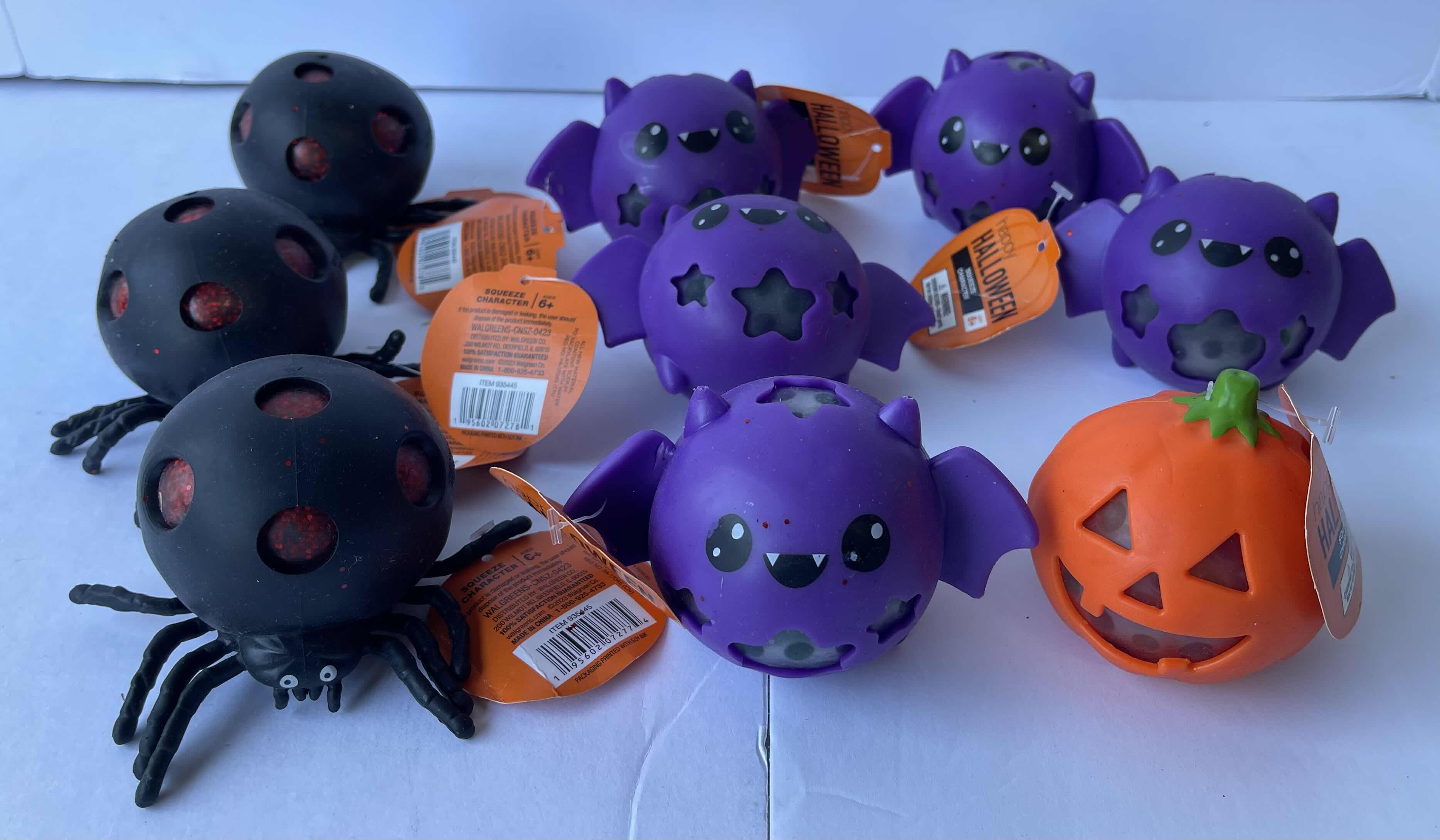 Photo 1 of HALLOWEEN RUBBER SQUEEZE CHARACTERS - BLACK SPIDER (3), PURPLE BAT (5) & PUMPKIN NWT