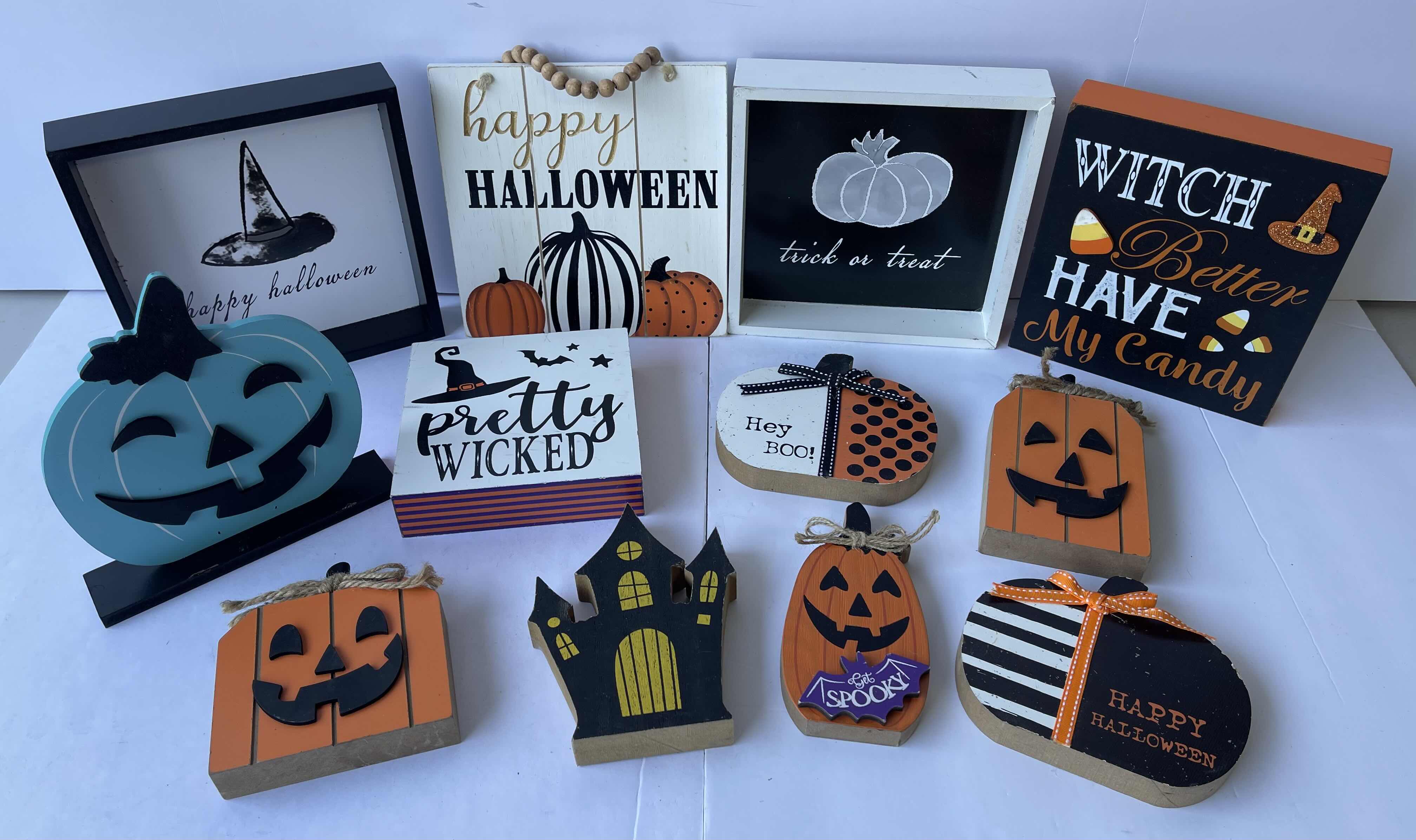 Photo 1 of HALLOWEEN TABLE TOP WOODEN DECOR ASSORTMENT (12 PIECES) TALLEST H8”