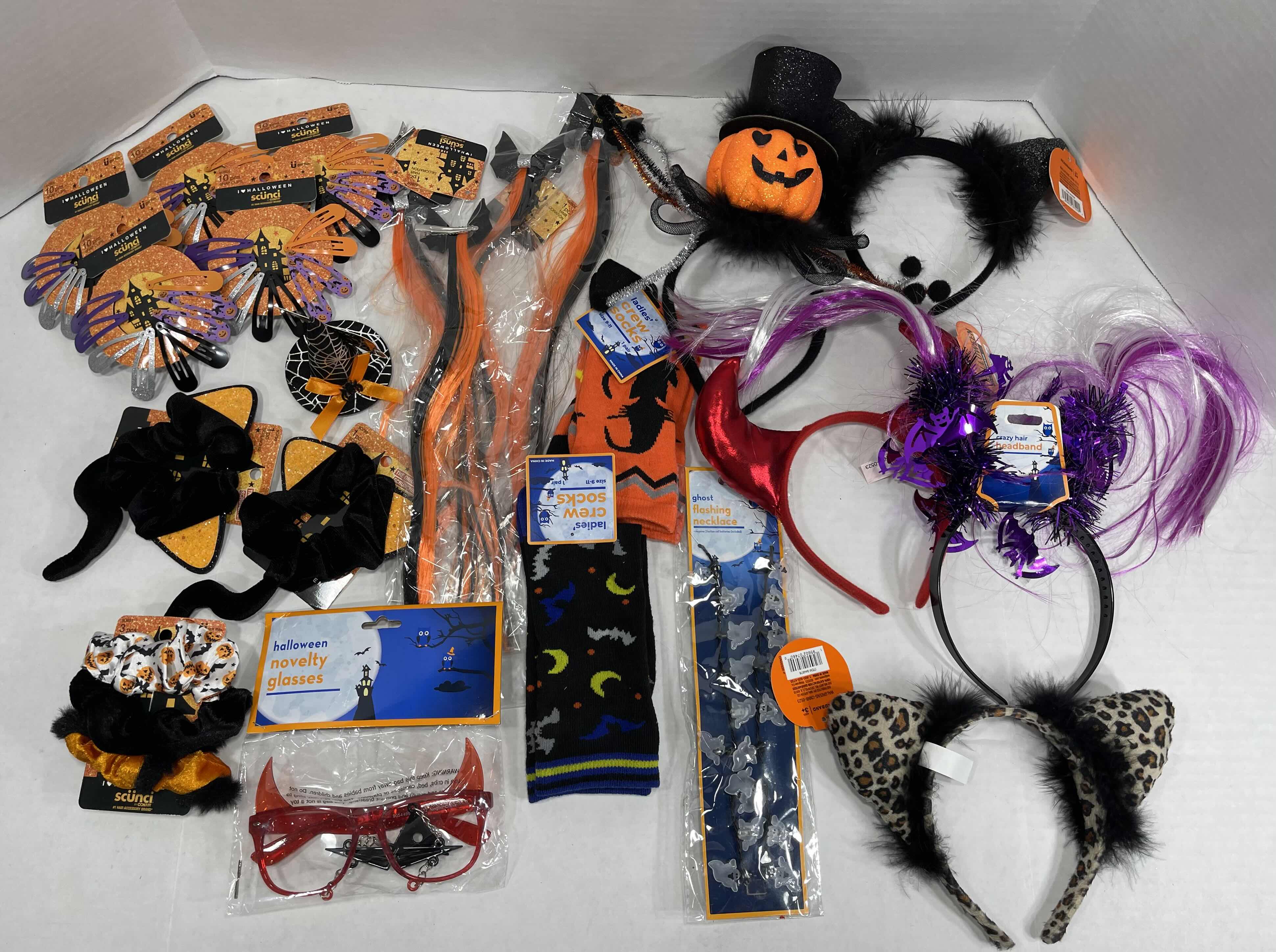 Photo 1 of FUN LADIES HALLOWEEN ACCESSORIES LOT - HEAD WEARS, HEAD BANDS, SOCKS, NECKLACE & GLASSES MSRP $40