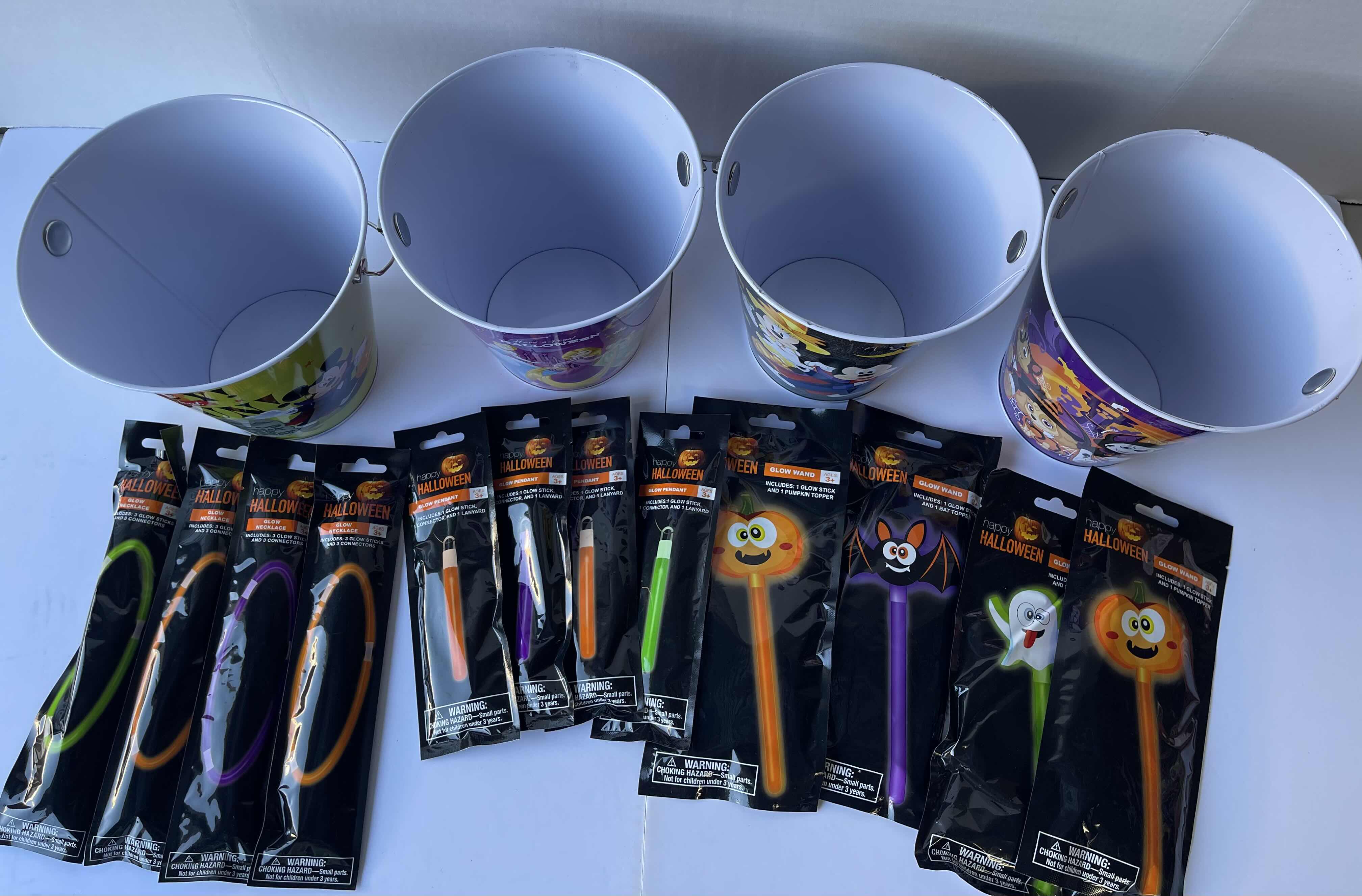 Photo 6 of DISNEY THEMED HALLOWEEN TRICK OR TREAT 7” METAL TIN BUCKETS (4) & GLOW NECKLACES, PENDANTS & WANDS (12)