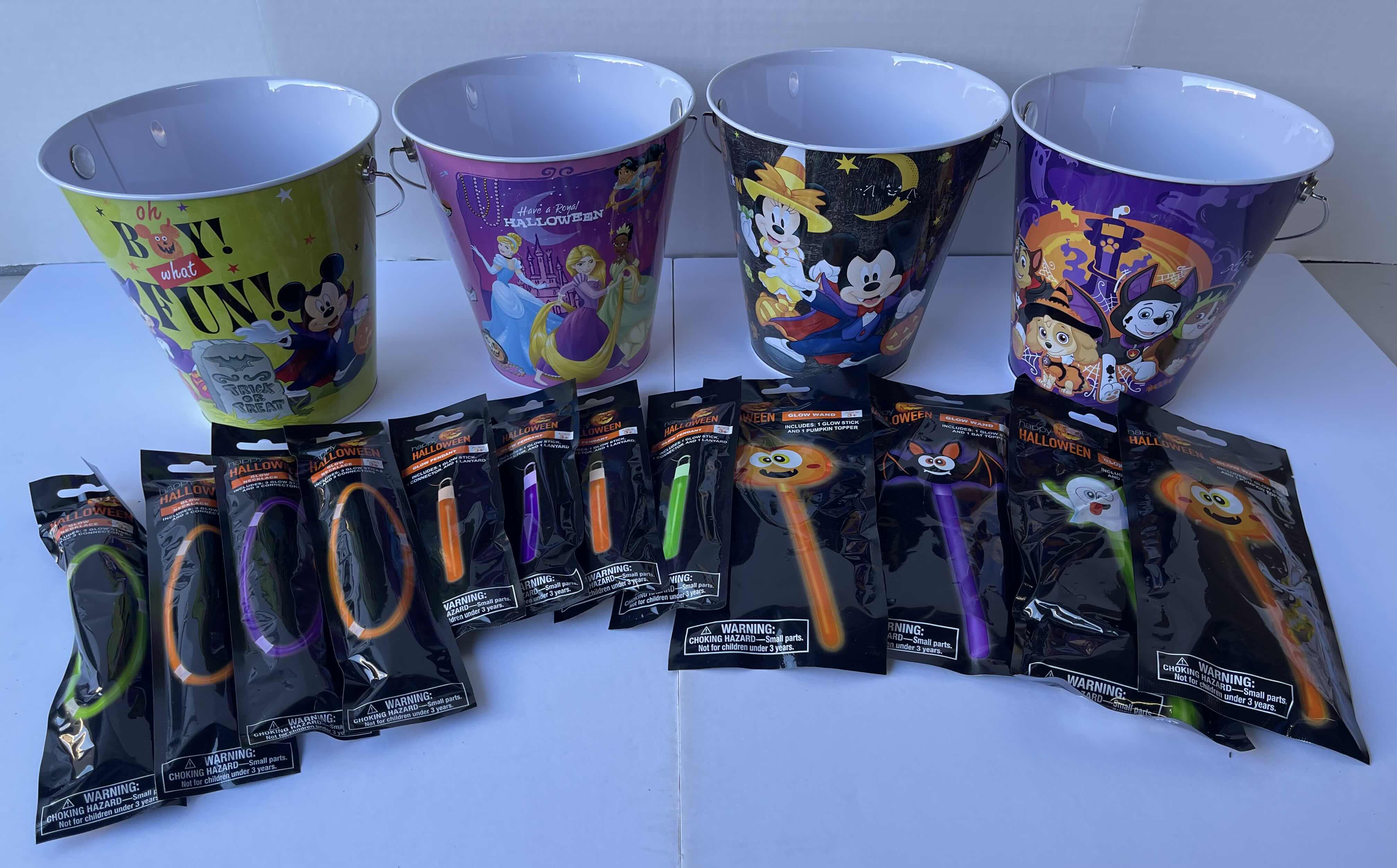 Photo 1 of DISNEY THEMED HALLOWEEN TRICK OR TREAT 7” METAL TIN BUCKETS (4) & GLOW NECKLACES, PENDANTS & WANDS (12)