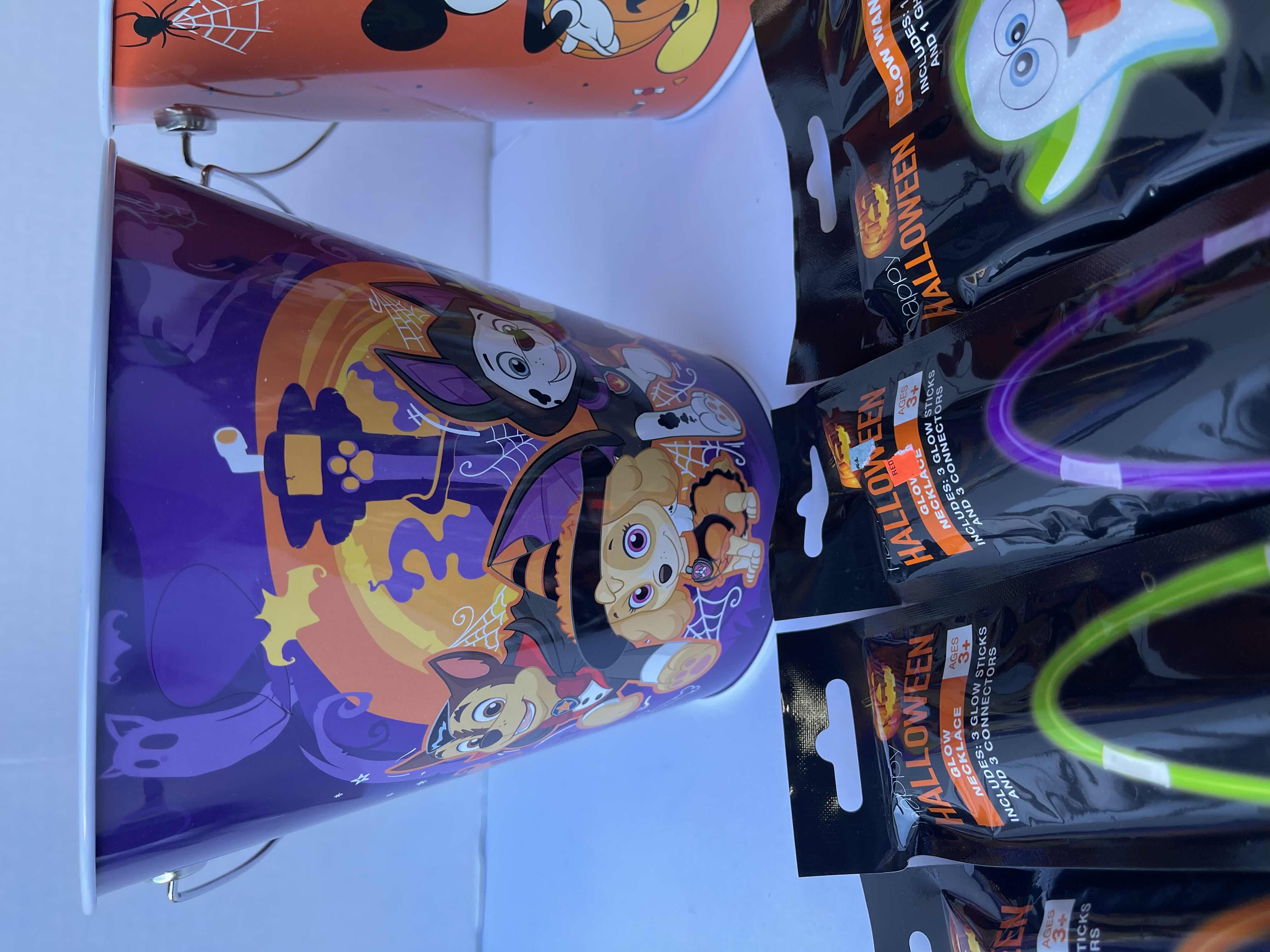 Photo 2 of DISNEY THEMED HALLOWEEN TRICK OR TREAT 7” METAL TIN BUCKETS (3) & GLOW NECKLACES, PENDANTS & WANDS (9)