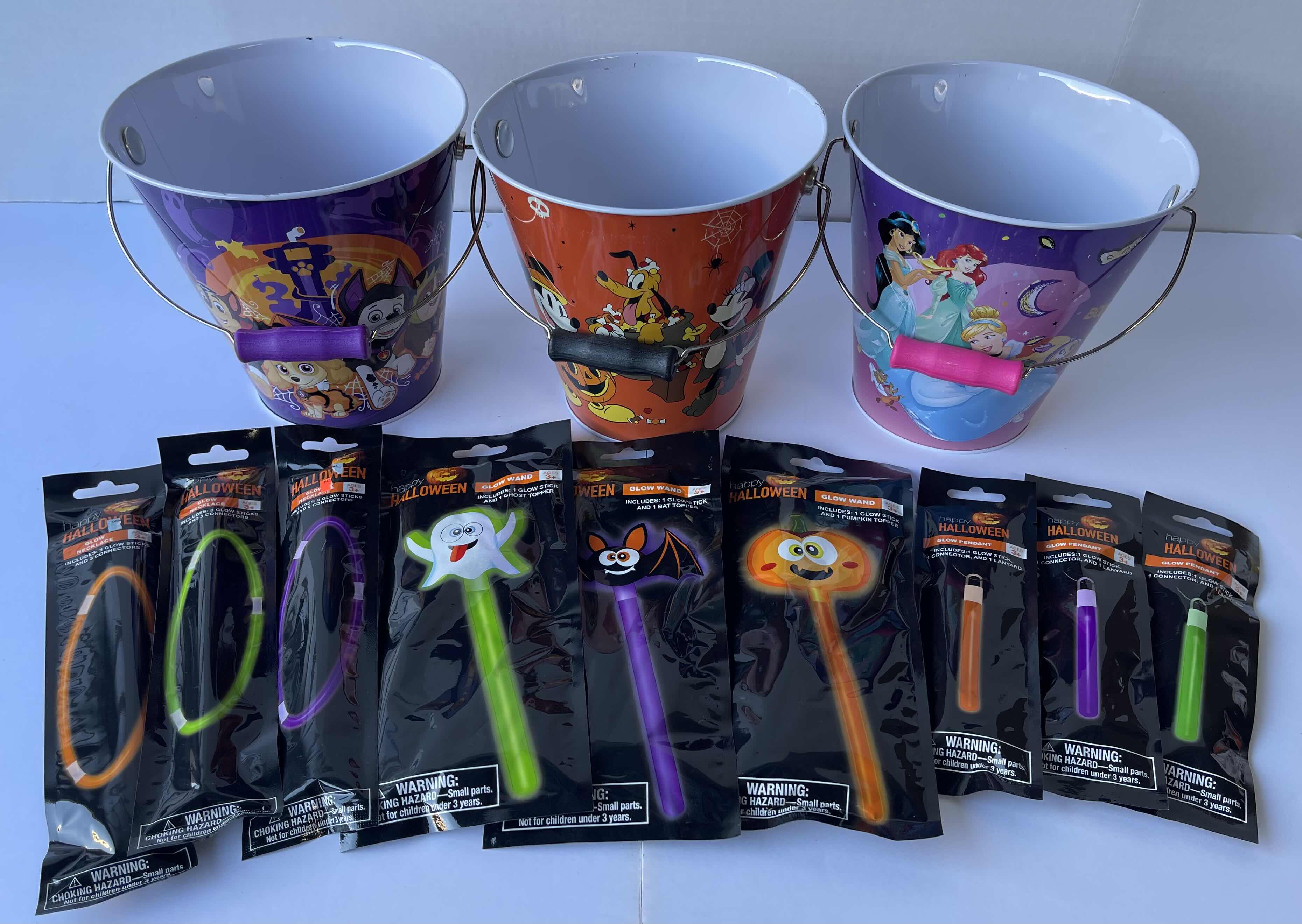 Photo 1 of DISNEY THEMED HALLOWEEN TRICK OR TREAT 7” METAL TIN BUCKETS (3) & GLOW NECKLACES, PENDANTS & WANDS (9)