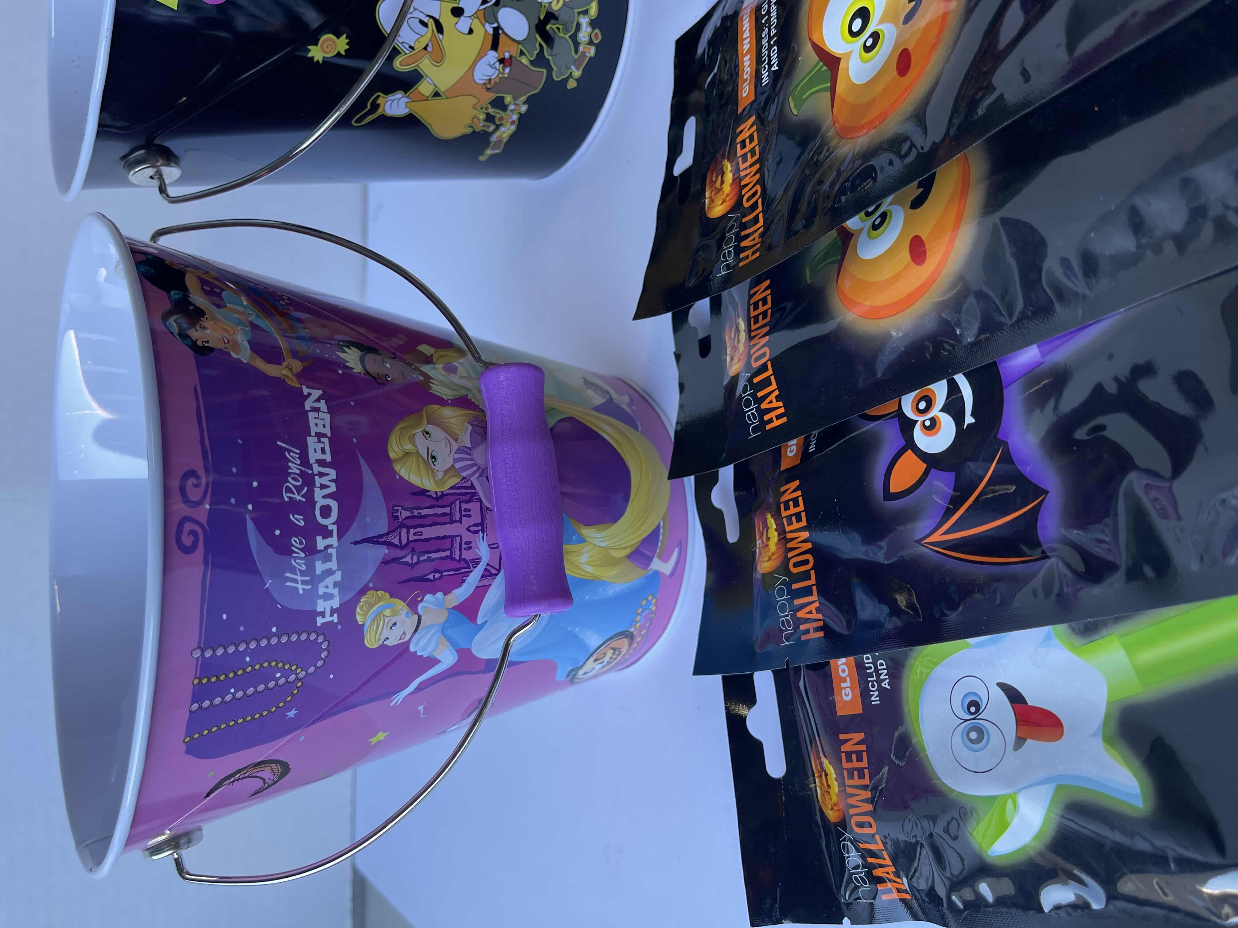 Photo 2 of DISNEY THEMED HALLOWEEN TRICK OR TREAT 7” METAL TIN BUCKETS (4) & GLOW NECKLACES, PENDANTS & WANDS (12)