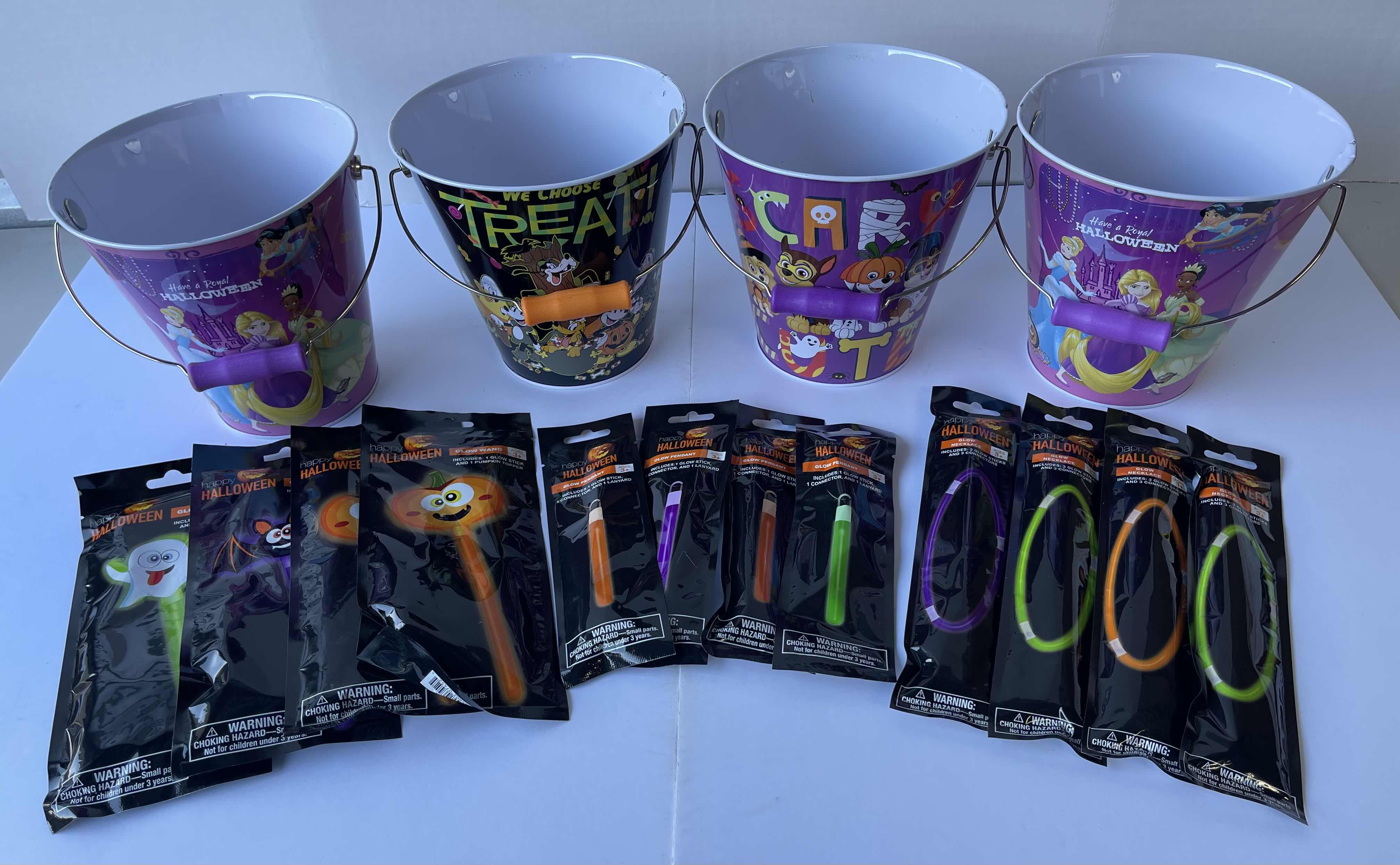 Photo 1 of DISNEY THEMED HALLOWEEN TRICK OR TREAT 7” METAL TIN BUCKETS (4) & GLOW NECKLACES, PENDANTS & WANDS (12)